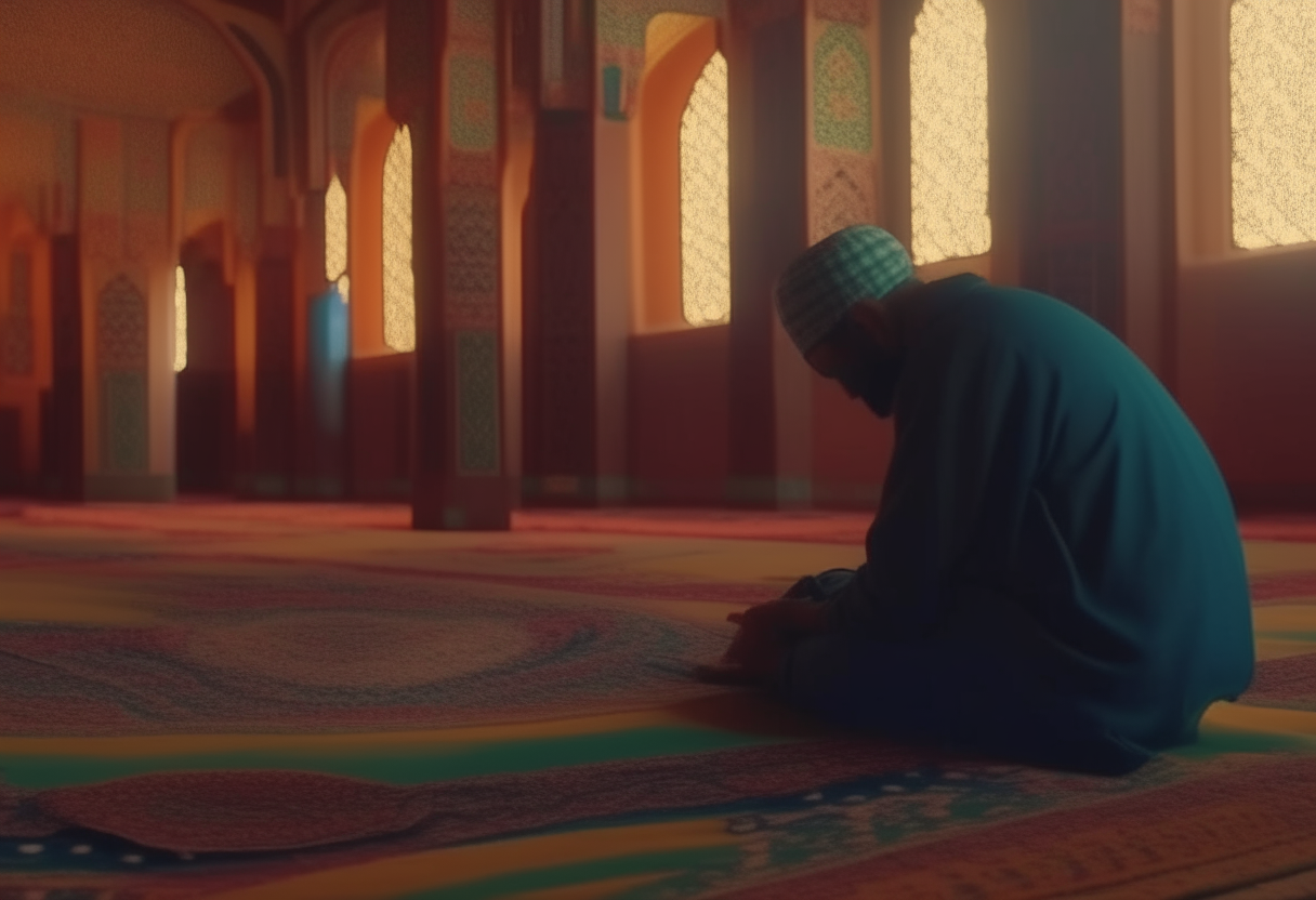 muslim men praying in a tipical islamic way, kneeling on carpets in a colorful mosque, detailed, cinematic 4k
