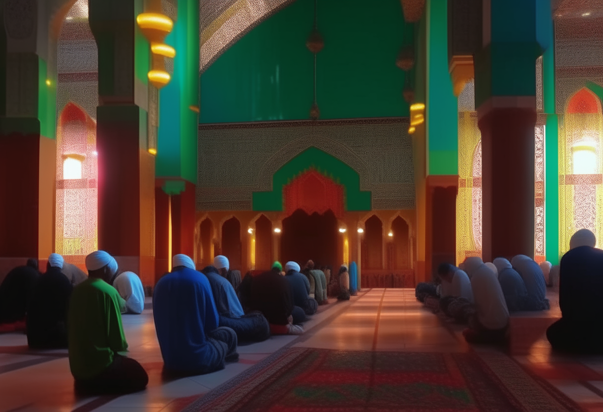 muslims praying kneeling in a colorful and impressive mosque
cinematic