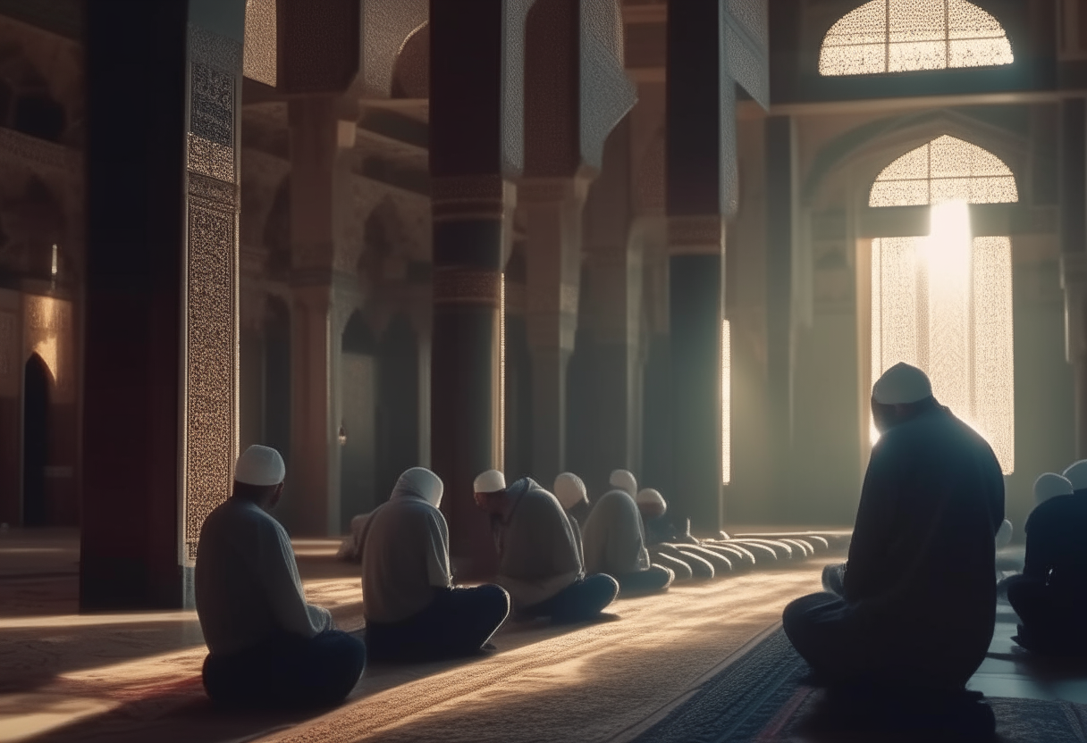 muslims praying kneeling in an impressive mosque, detailed
cinematic