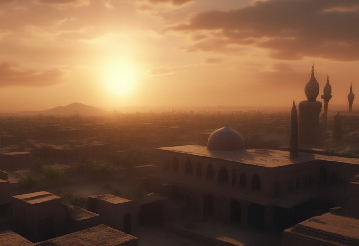 an amazing sunset over an ancient islamic city. detailed, cinematic, 4k