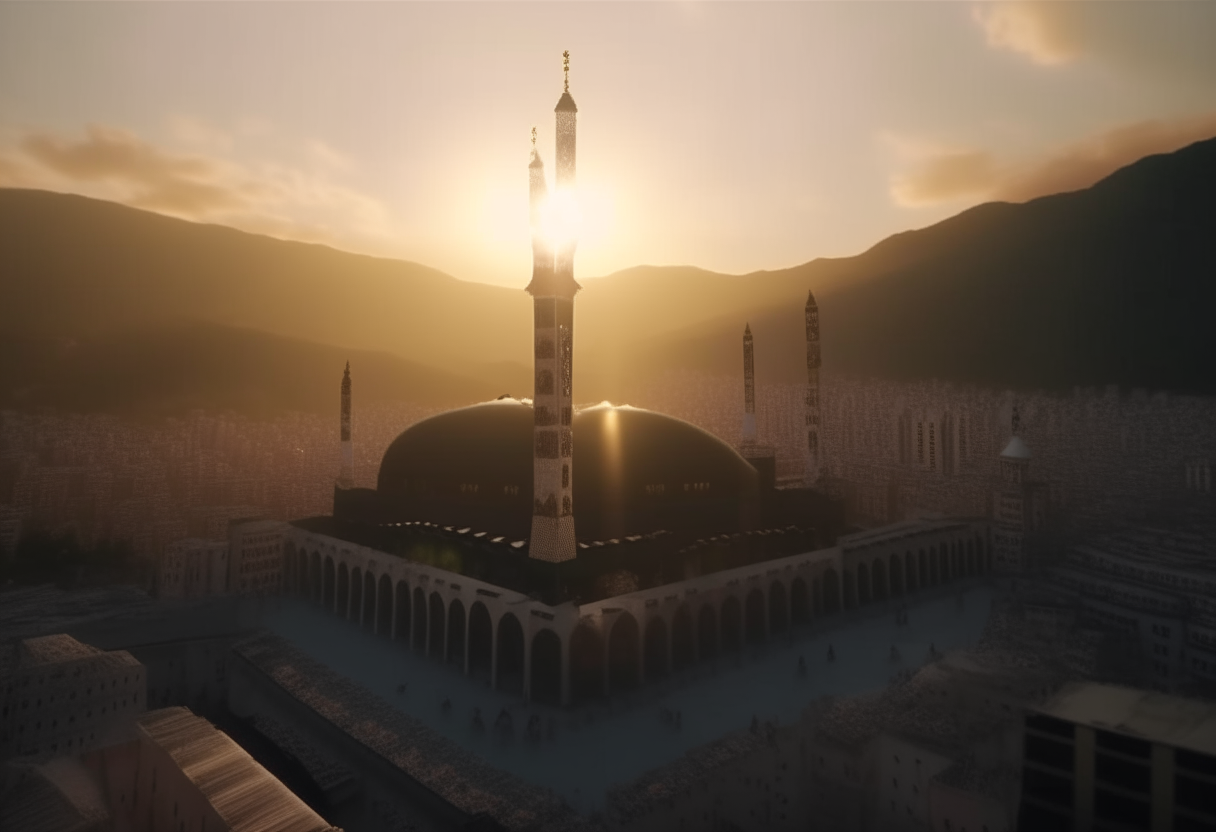 an amazing view at dawn of muslim Mecca. detailed, cinematic, 4k