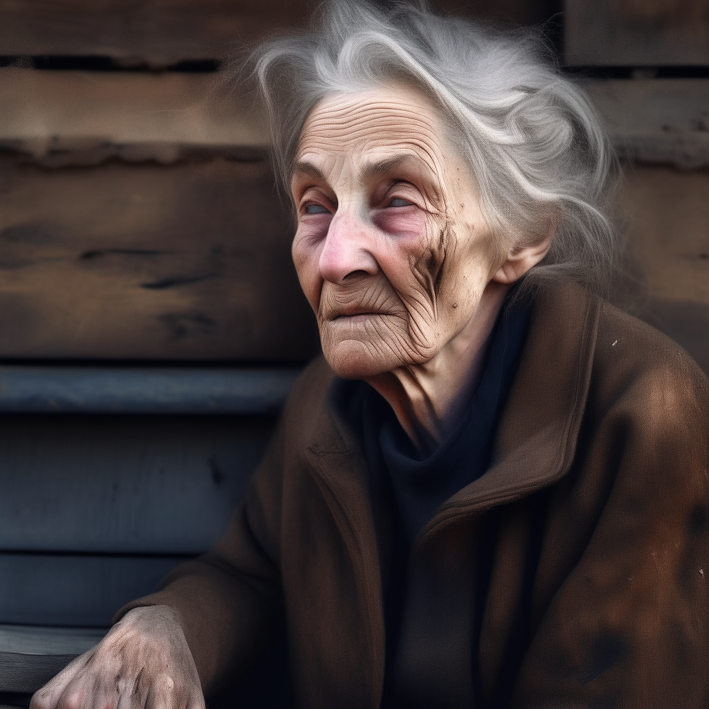 Faint smell of rot and dust.
 A woman sits on a bench.  Her skin was wrinkled and pale.  With a blank expression in her eyes
 Cracked paint peeling off walls  Revealing the layers of different colors and textures beneath the 8k low-light atmosphere.