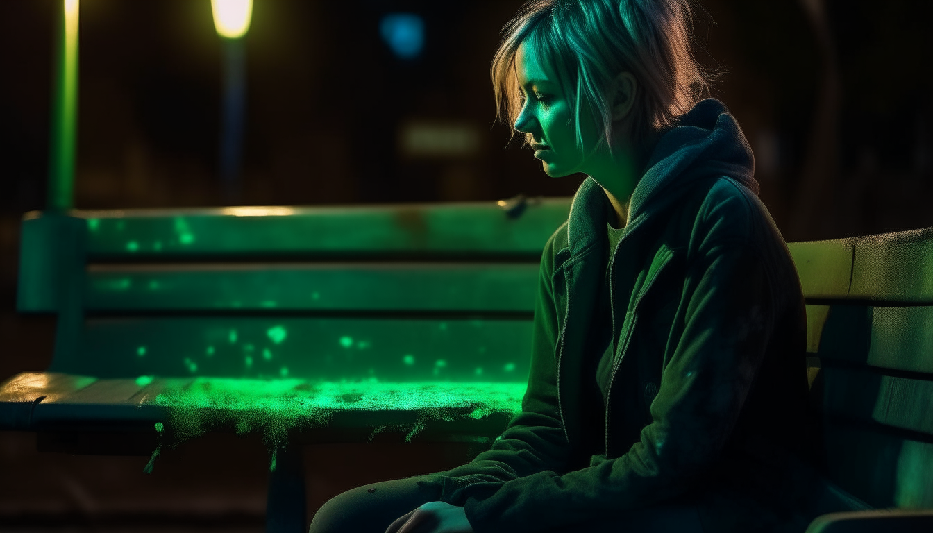 Faint smell of rot and dust.
 A beautiful woman in her 20s sat on a bench. Her white skin was beautiful and she was wearing a sexy outfit.  With a blank expression in her eyes
 Cracked paint peeling off walls  Revealing layers of different colors and wall textures beneath the low-light atmosphere, neon lights, night time 8k