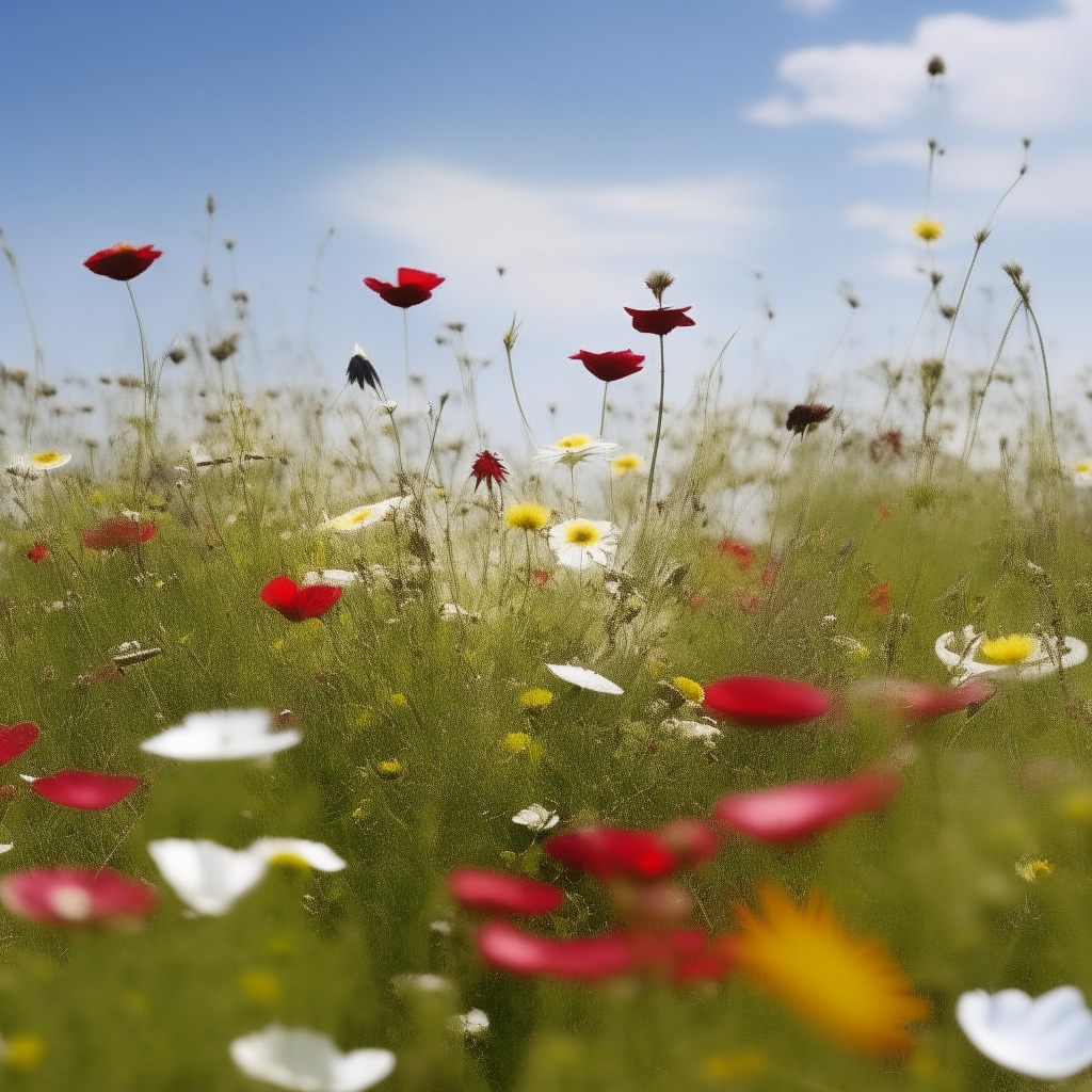 Field of wildflowers in bloom with Red Cross symbols floating out of it and up to the sky