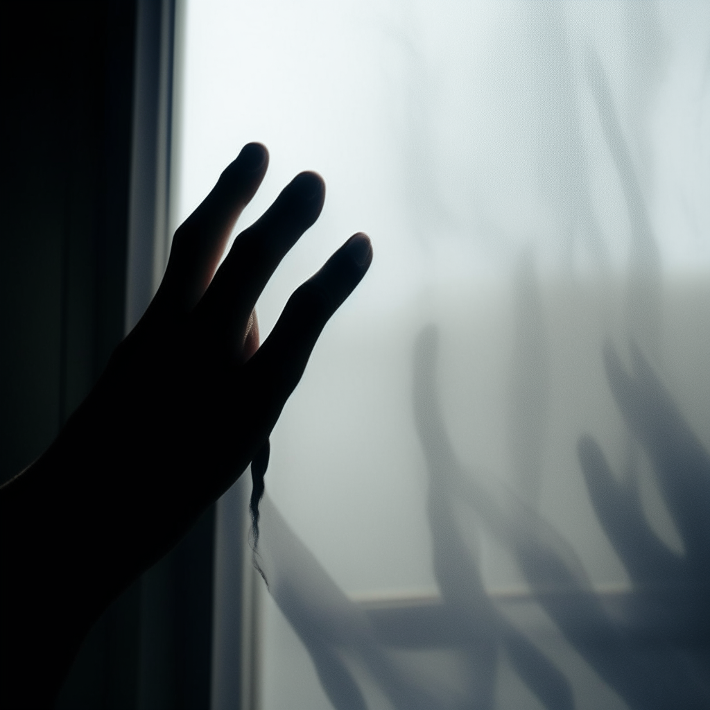 Hyper Realistic outside you can see a his finger writing "don't be afraid.", the gloomy, a little light from the lamp, of scared woman in the room.