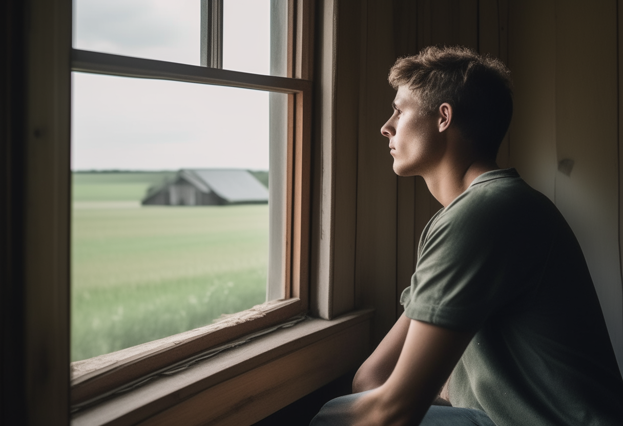 a young man looks out the window of his family's farmhouse, contemplating his future as his parents work outside in the fields
