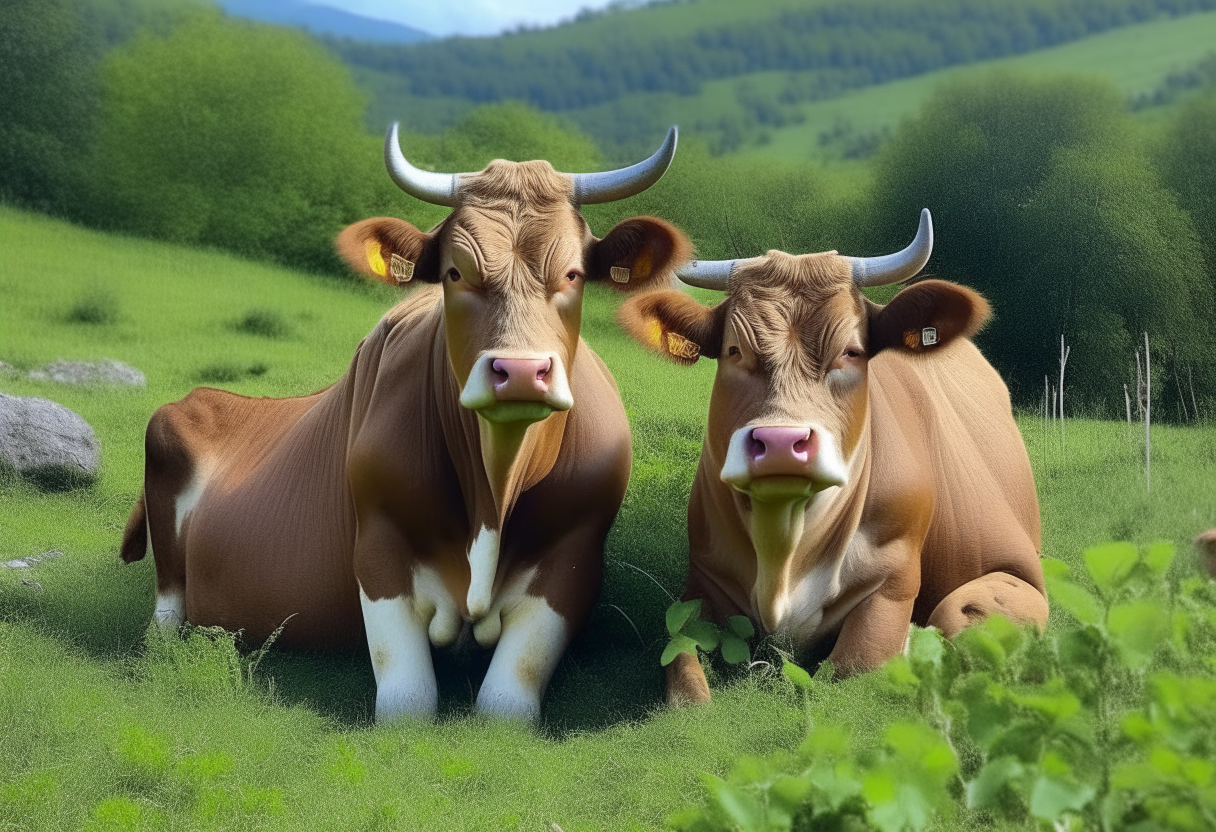 dos vacas hablando cerca de un monje meditando en posición de loto en un prado verde una vaca le dice a la otra: él hace mom al revés
