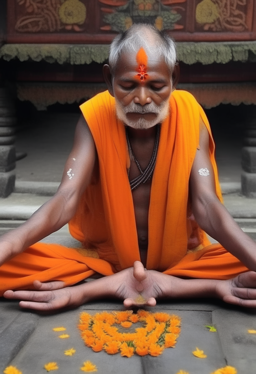 un monje budista meditando sentado en el suelo con las piernas cruzadas en posición de flor de loto el monje tiene los ojos cerrados y lleva un manto naranja