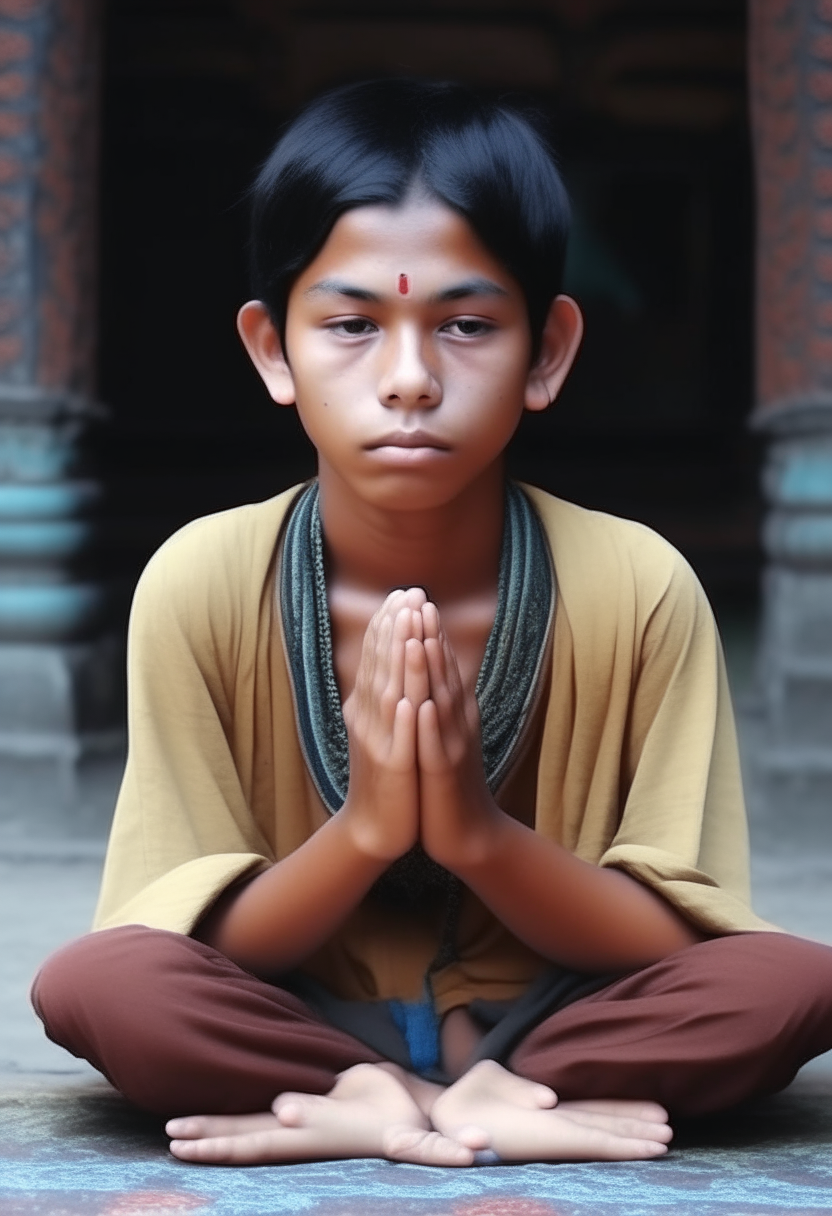 un monje budista joven sentado en el suelo meditando el monje tiene los ojos cerrados y está sentado con las piernas cruzadas