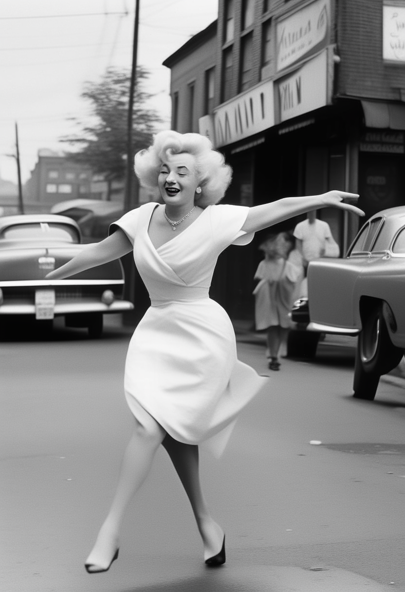 Marilyn Monroe con efecto marmol bailando en la calle 