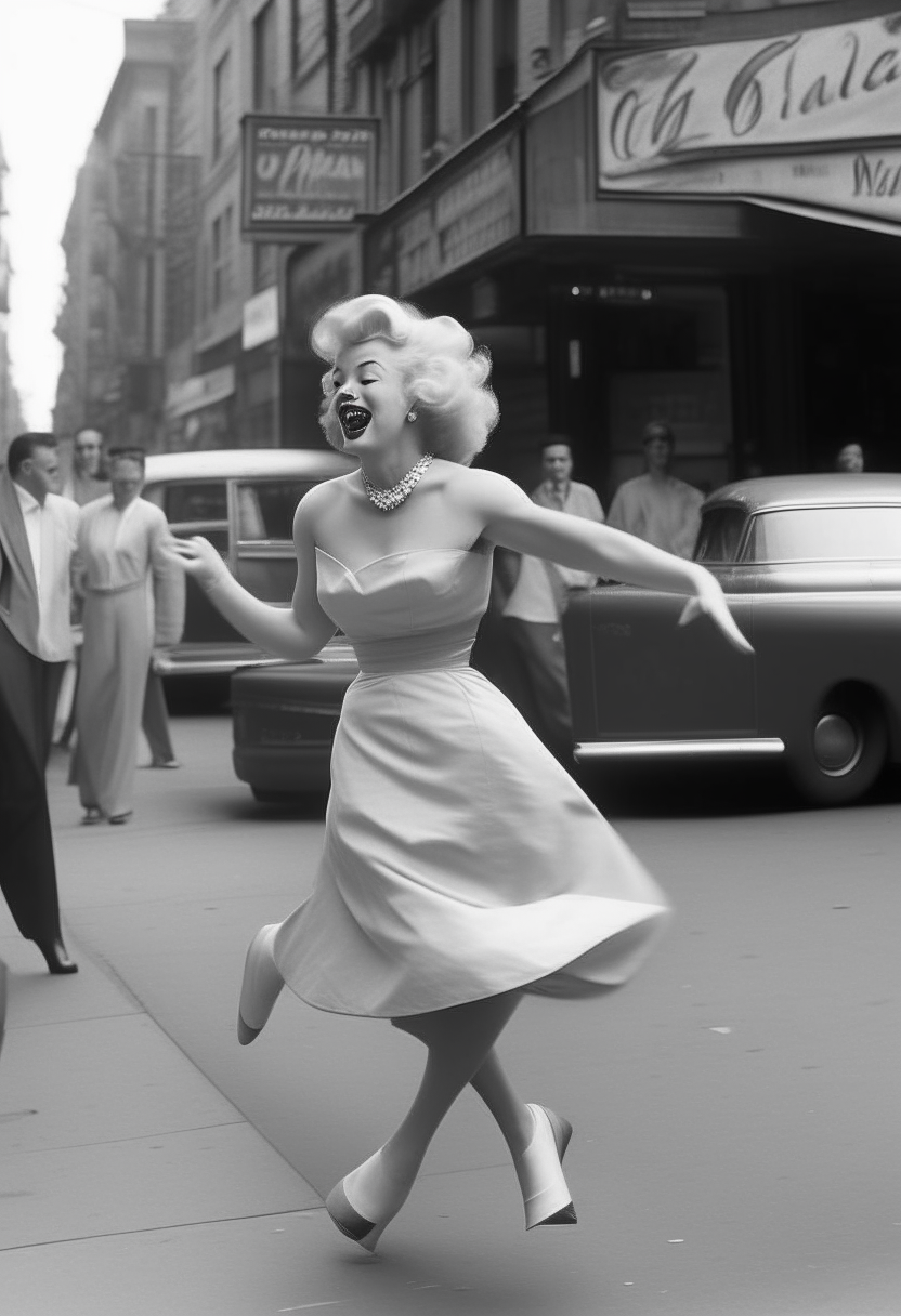 Marilyn Monroe bailando en la calle.