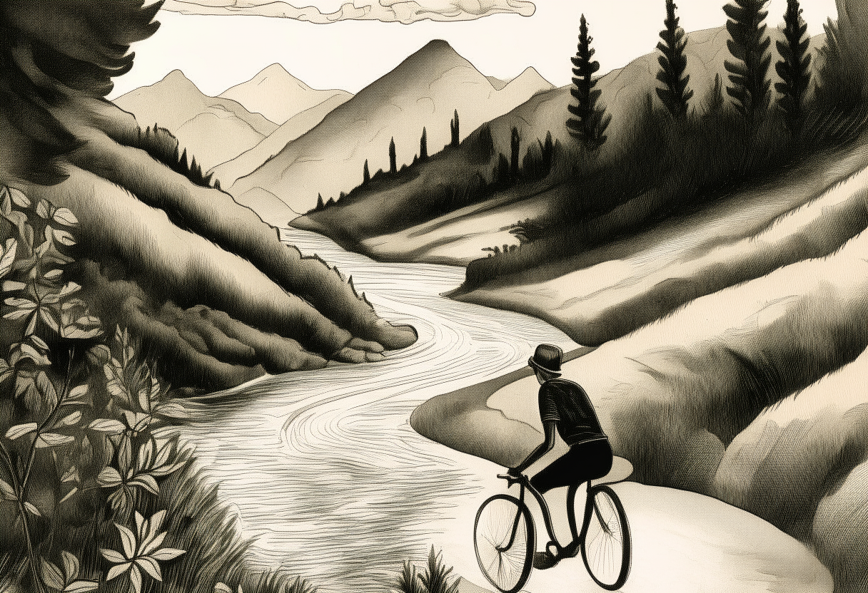An ink painting of a person riding a bicycle down a path next to a river winding through the mountains