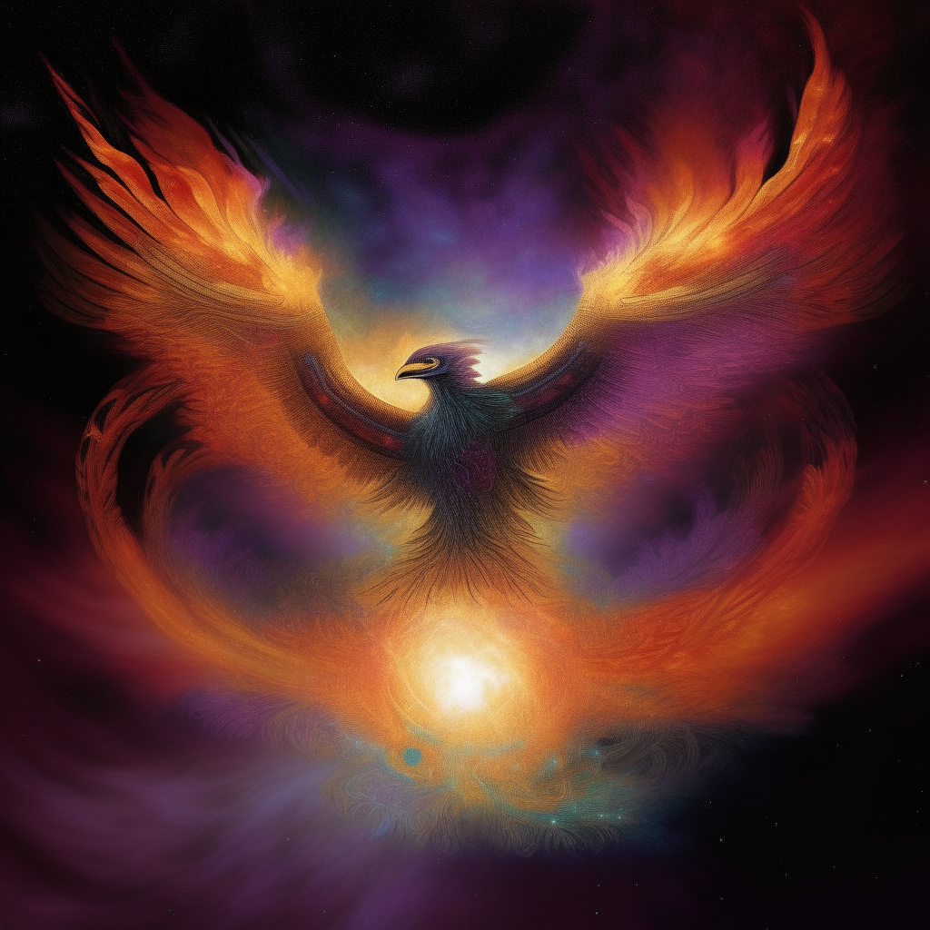  "Ethereal Phoenix: Soaring Through the Enchanted Skies" on a sombreros nebula 