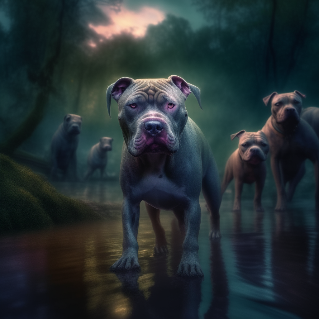 rainforest
  “A strangely hyper-realistic depiction of a horde of zombies walking with a large zombie pitbull in an enchanted forest.  In the blurred background there is a tranquil lake. Low light. High detail. 8K"