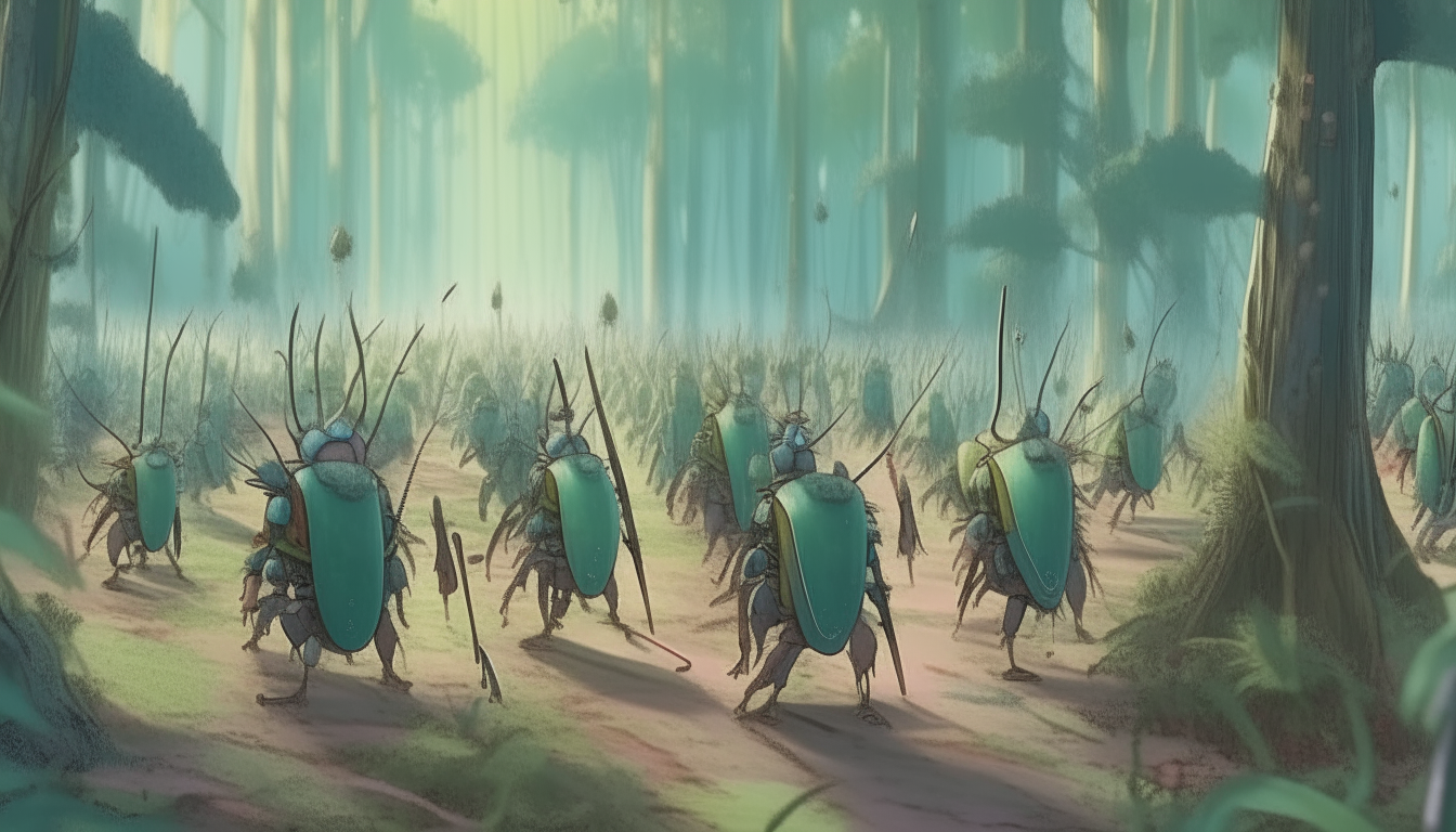 an army of beetles wearing military uniforms and bearing muskets marching across a fantasy forest floor, Disney watercolor style, highly detailed, 4K quality