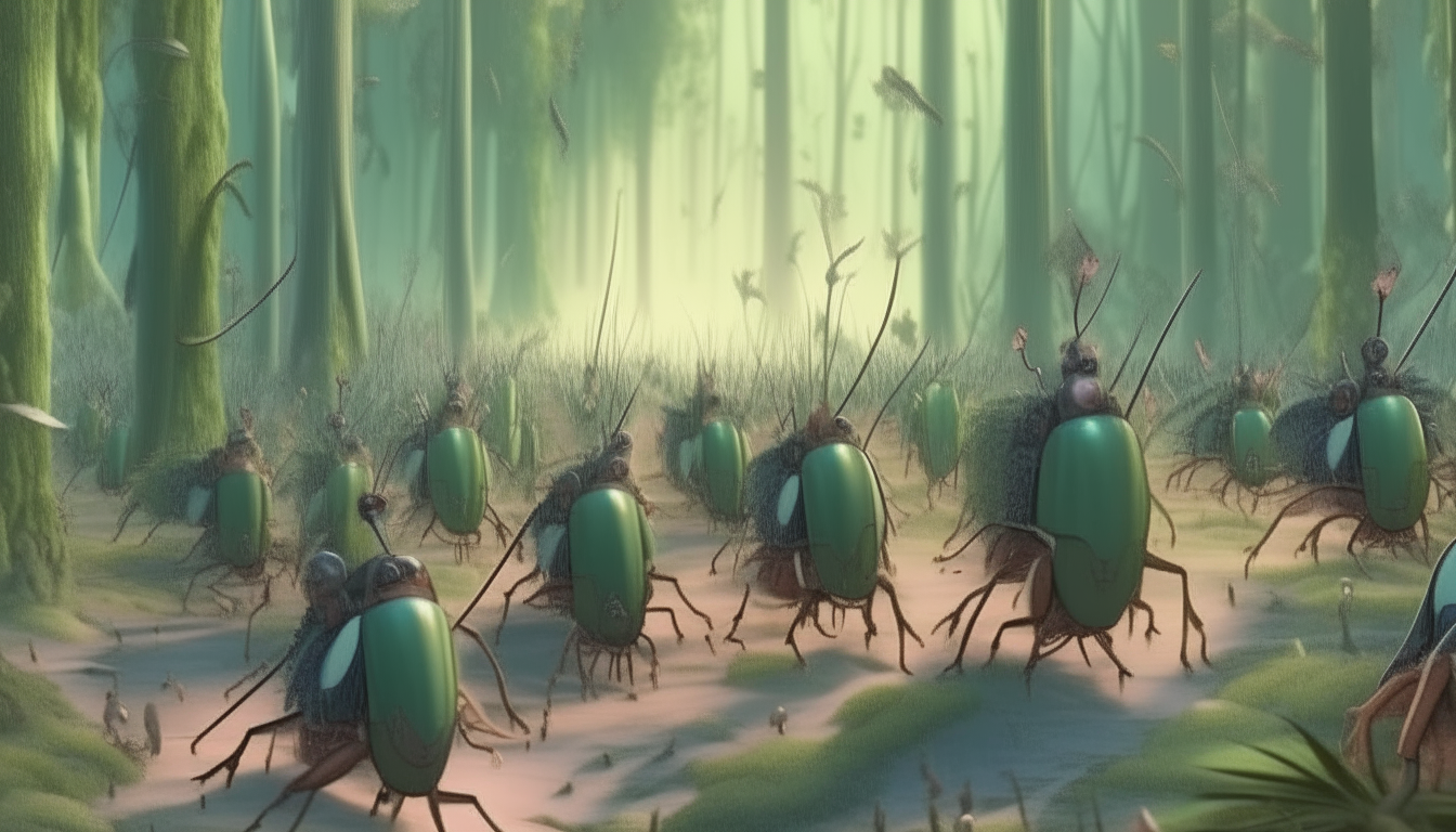 an army of beetles in different positions wearing military uniforms and bearing muskets marching across a fantasy forest floor, Disney watercolor style, highly detailed, 4K quality