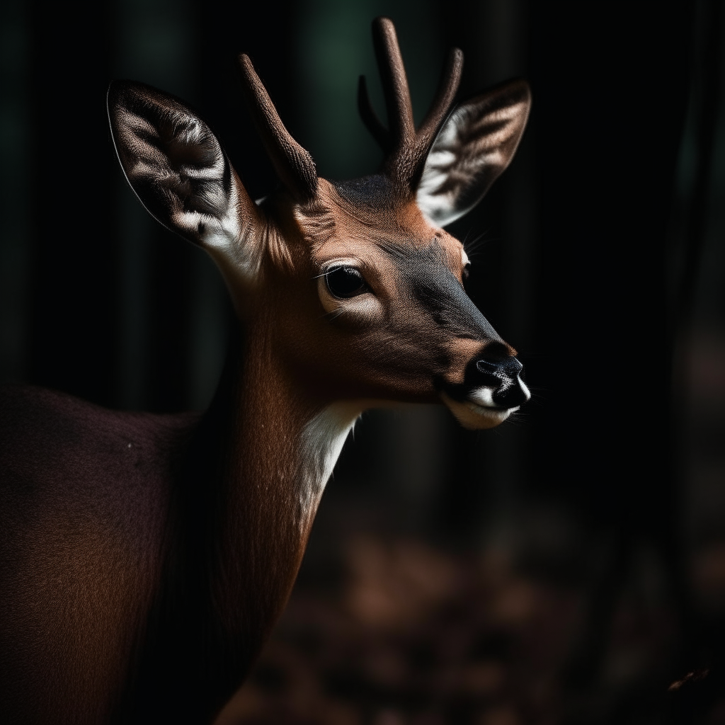 Un ciervo macho adulto mirando fijamente a la cámara con ojos penetrantes en un bosque oscuro