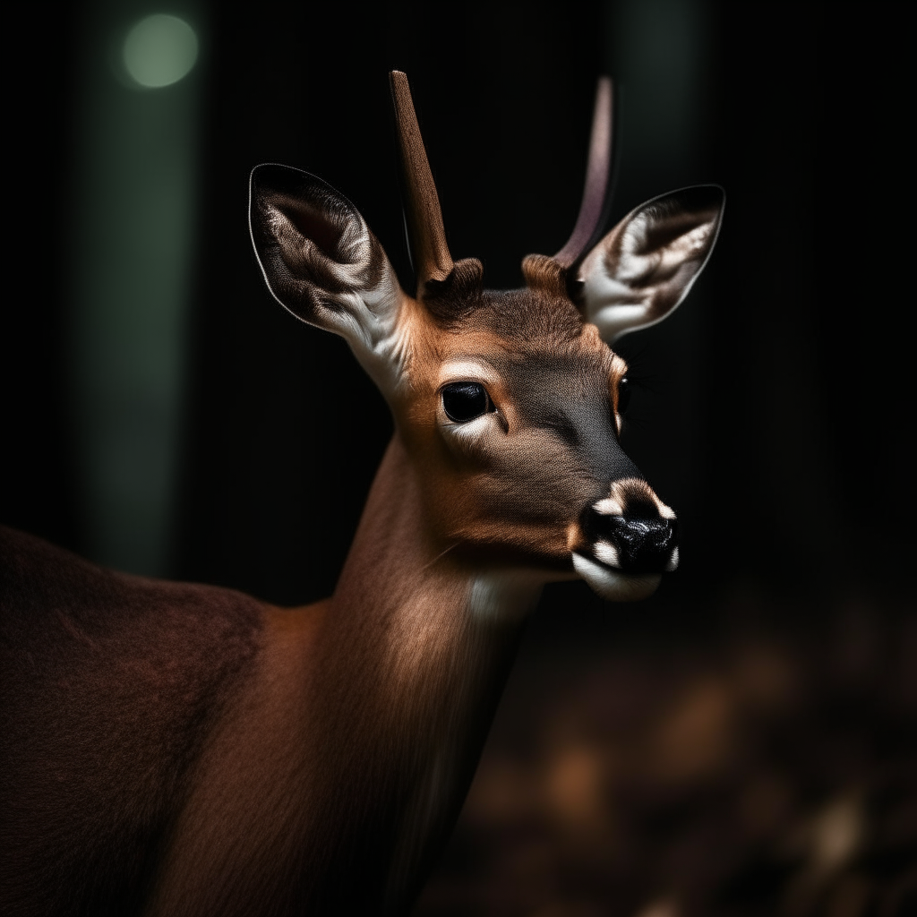 Un ciervo macho adulto mirando fijamente a la cámara con ojos penetrantes en un bosque oscuro