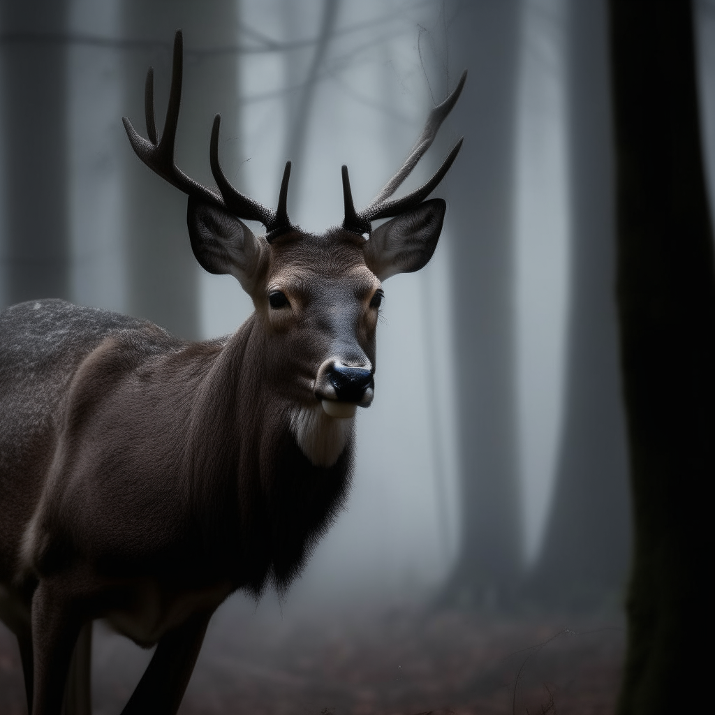 La cabeza y el cuello de un ciervo macho adulto mirando directamente a la cámara con ojos penetrantes en un bosque oscuro y neblinoso