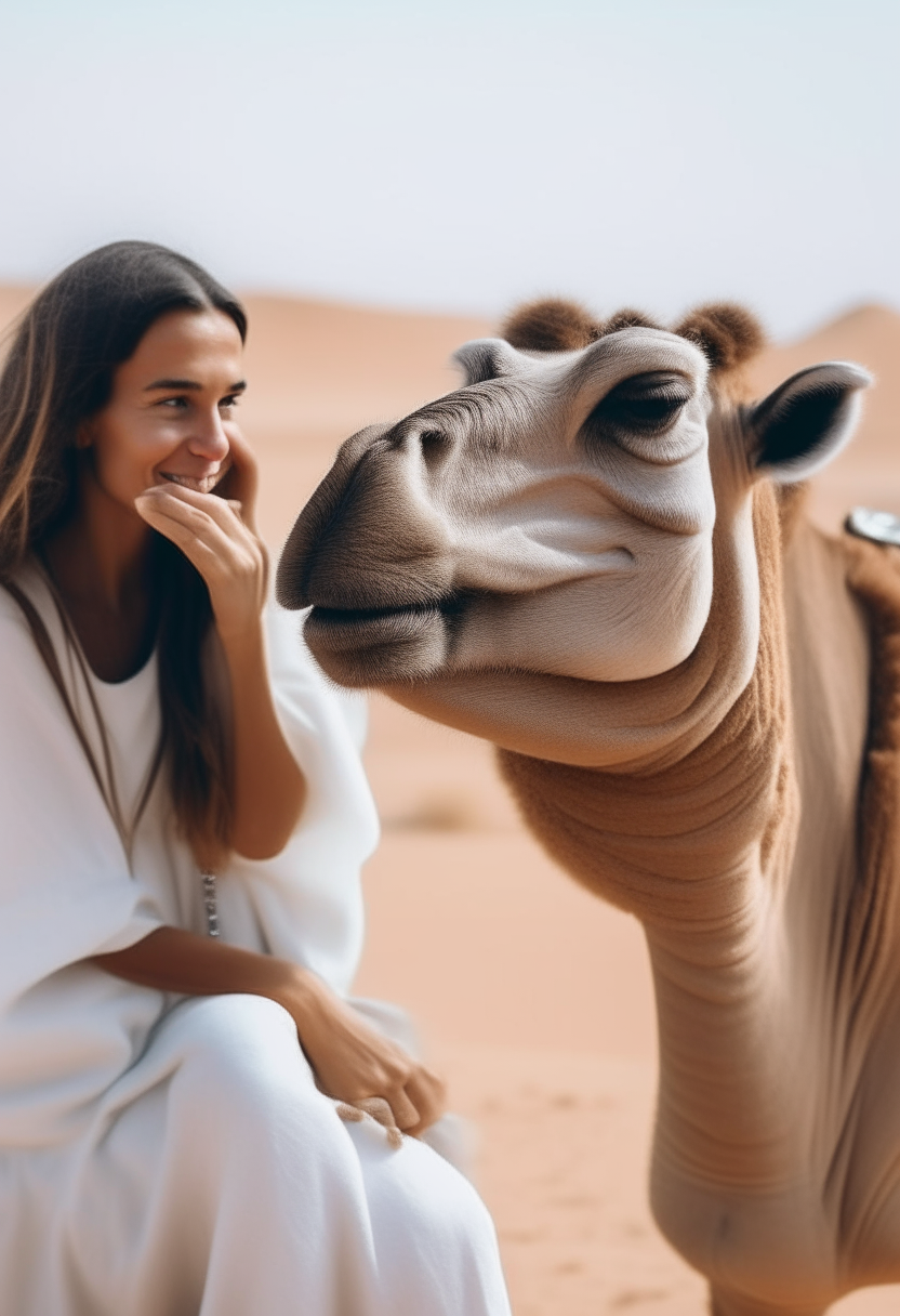 a woman with long brown hair in a white dress, smiling as she pets a sitting camel and thanks it