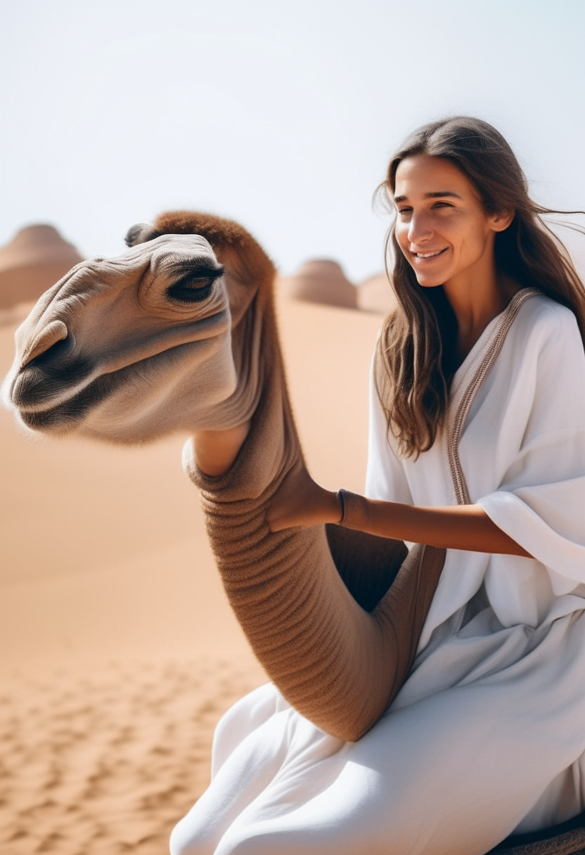 a woman with long brown hair in a white dress, smiling as she pets a sitting camel with a friendly face and thanks it for carrying her across the desert