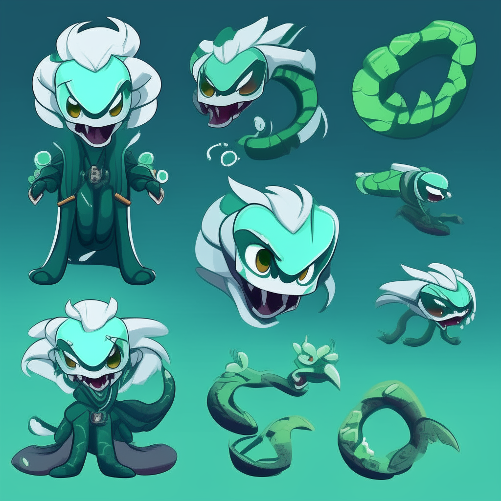 Character chart for a terror-kids mascots game. 2d drawing cartoon. Dark cyan/green skin snake, with large spiky messy white hair like snake Neck and head hood.