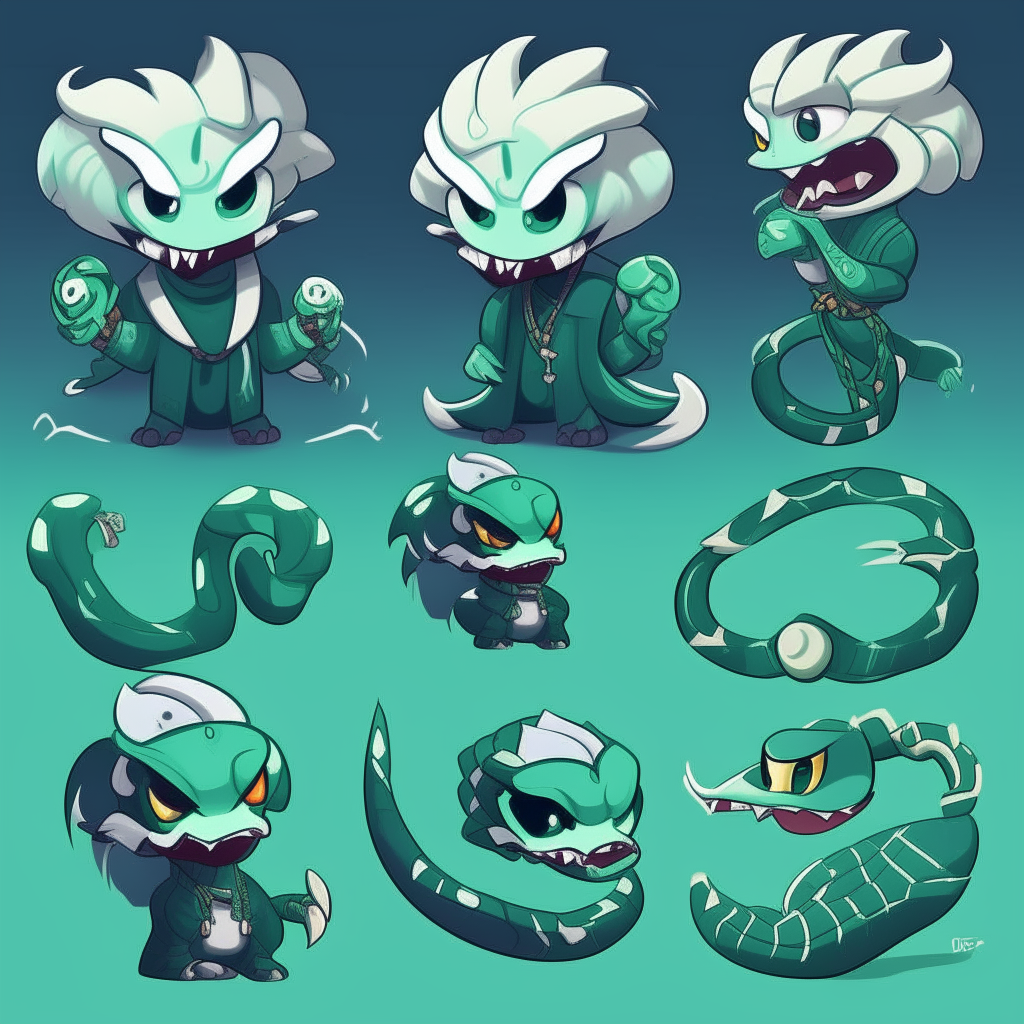 Character chart for a terror-kids mascots game. 2d drawing cartoon. Dark cyan/green skin snake, with large spiky messy white hair like snake Neck and head hood.