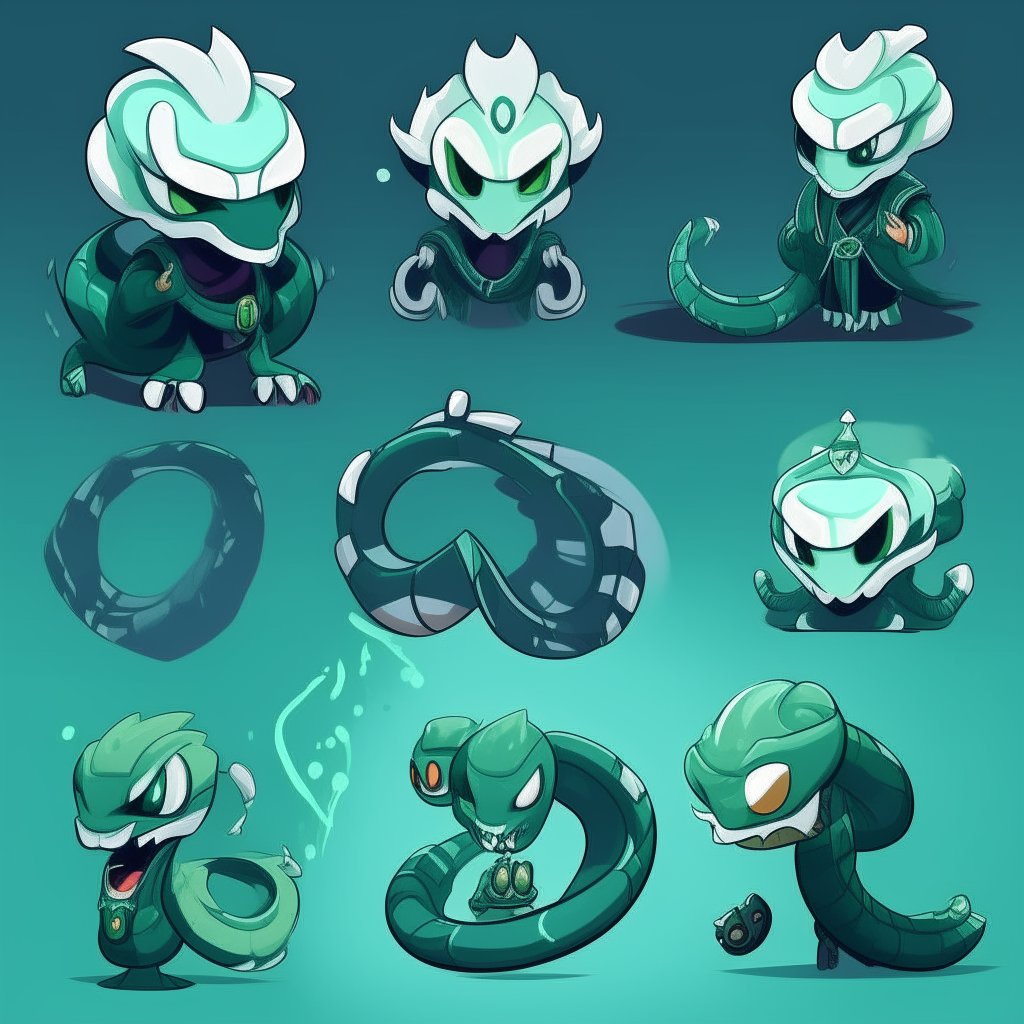 Character chart for a terror-kids mascots game. 2d drawing cartoon. Dark cyan/green skin snake, with large spiky messy white hair like snake Neck and head hood.
