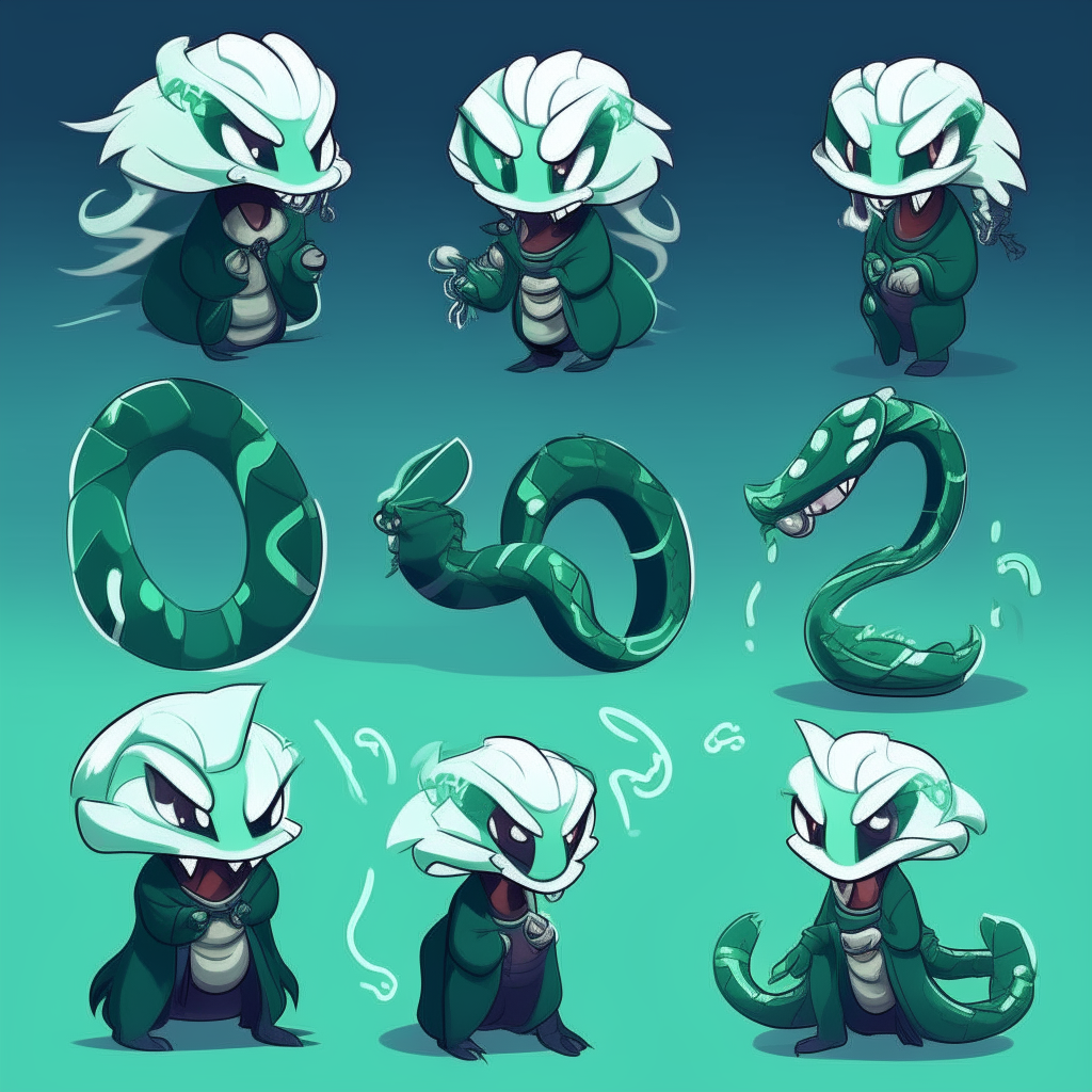Character chart for a terror-kids mascots game. 2d drawing cartoon. Dark cyan/green skin snake, with large spiky messy white hair like snake Neck and head hood.