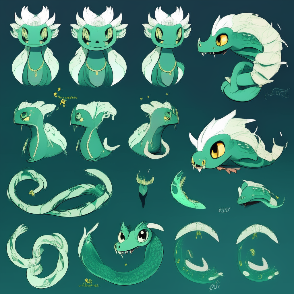 Character chart for a mascots game like "poppy playtime". 2d drawing cartoon. Dark cyan/green skin snake, with large spiky messy white hair like snake Neck and head hood.