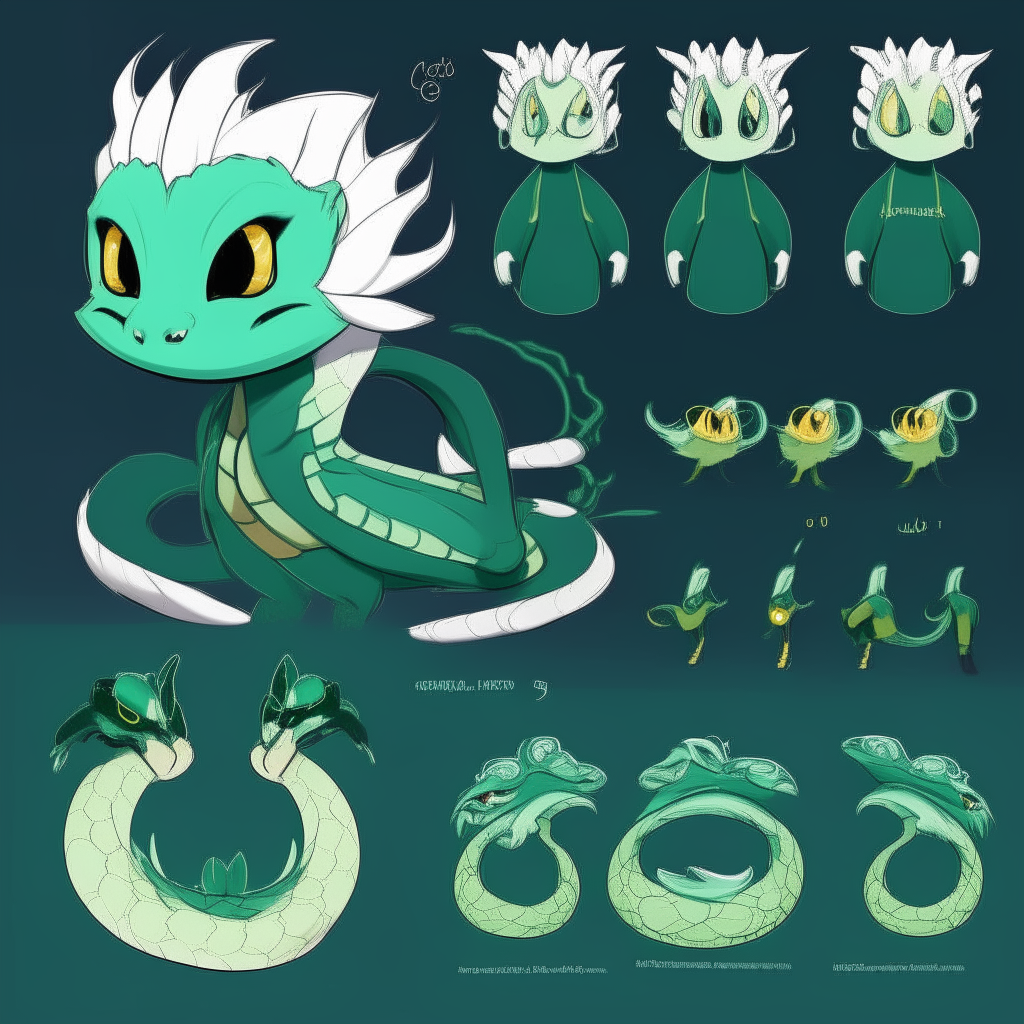 Character chart for a mascots game like "poppy playtime". 2d drawing cartoon. Dark cyan/green skin snake, with large spiky messy white hair like snake Neck and head hood.