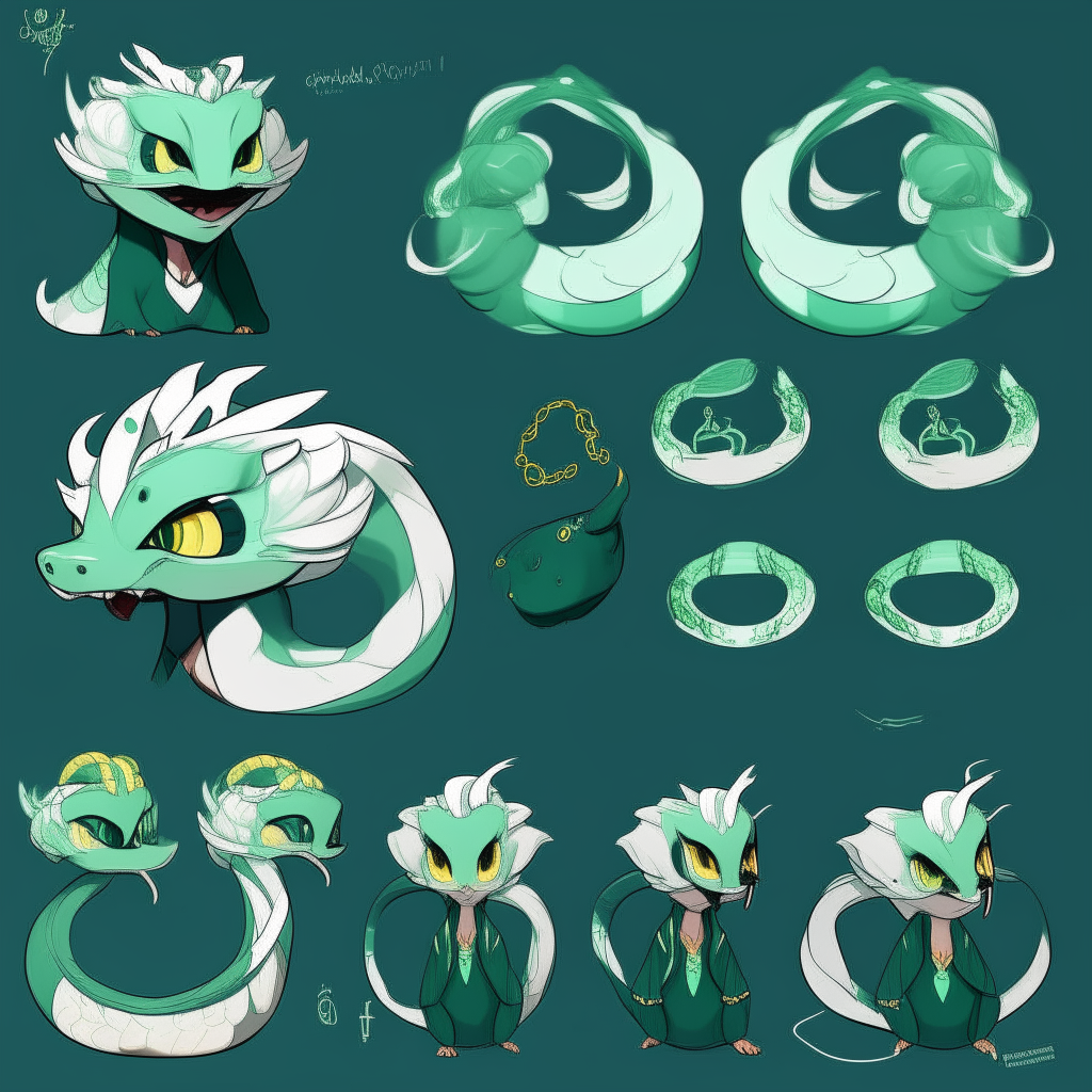 Character chart for a mascots game like "poppy playtime". 2d drawing cartoon. Dark cyan/green skin snake, with large spiky messy white hair like snake Neck and head hood.