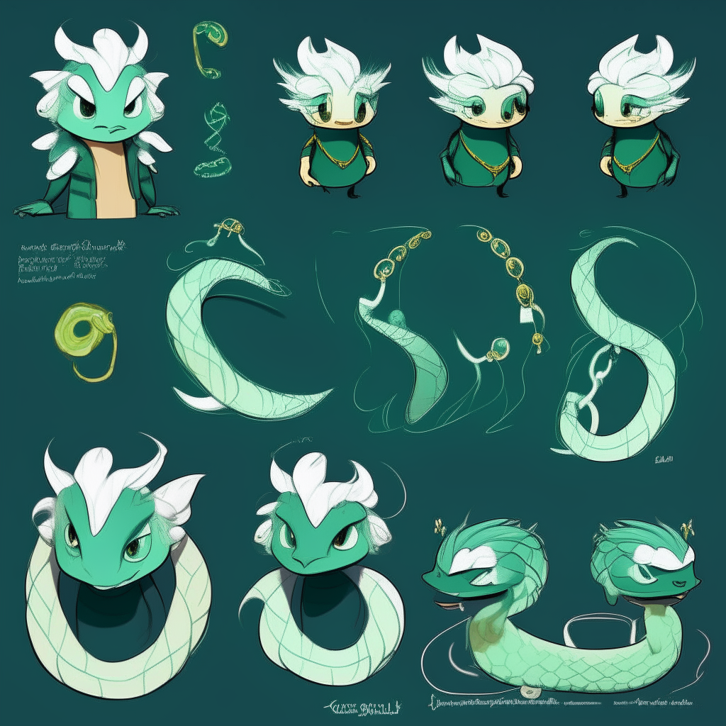 Character chart for a mascots game like "poppy playtime". 2d drawing cartoon. Dark cyan/green skin snake, with large spiky messy white hair like snake Neck and head hood.