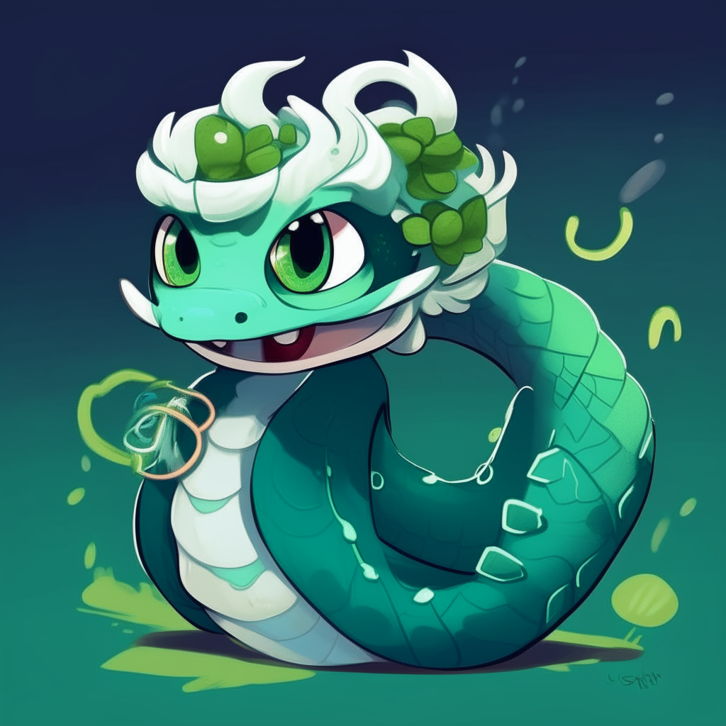 Character for a mascots game like "poppy playtime". 2d drawing cartoon. Dark cyan/green skin snake, with large spiky messy white hair like snake Neck and head hood.