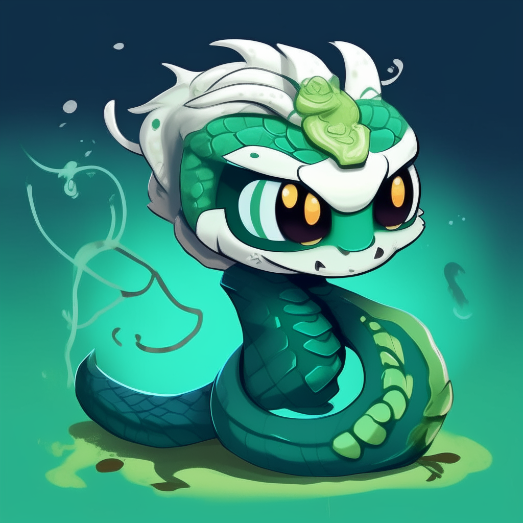 Character for a mascots game like "poppy playtime". 2d drawing cartoon. Dark cyan/green skin snake, with large spiky messy white hair like snake Neck and head hood.