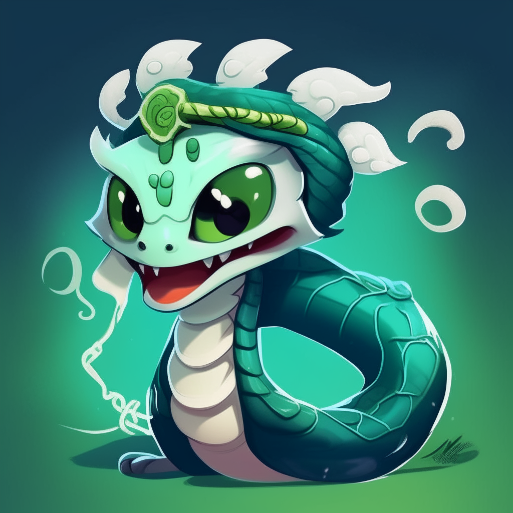 Character for a mascots game like "poppy playtime". 2d drawing cartoon. Dark cyan/green skin snake, with large spiky messy white hair like snake Neck and head hood.