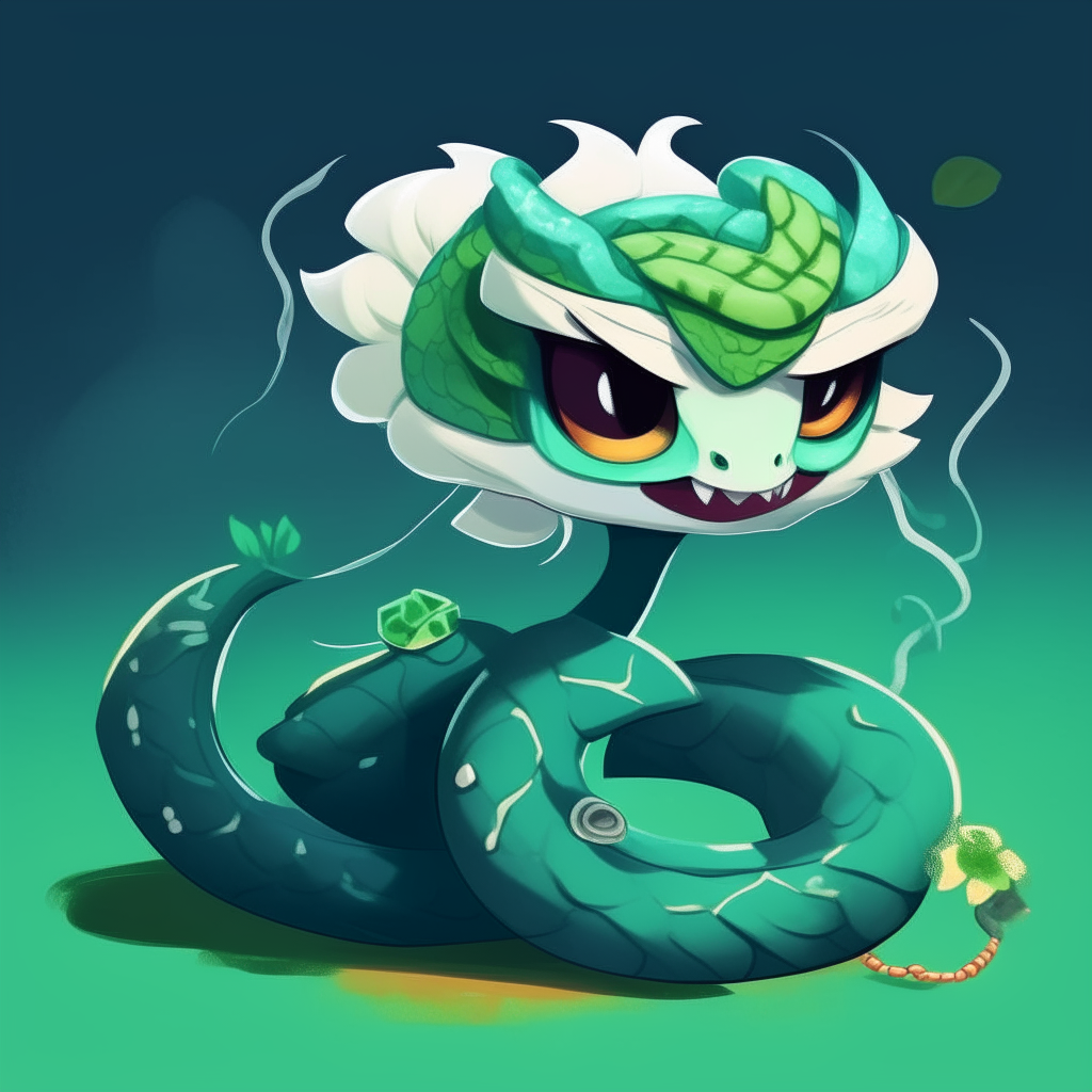 Character for a mascots game like "poppy playtime". 2d drawing cartoon. Dark cyan/green skin snake, with large spiky messy white hair like snake Neck and head hood.