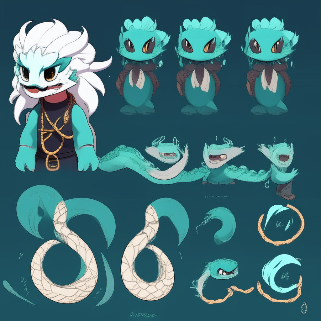Character chart for a mascots game like "poppy playtime". 2d drawing cartoon. Dark cyan skin snake, with large spiky messy white hair like snake Neck and head hood.