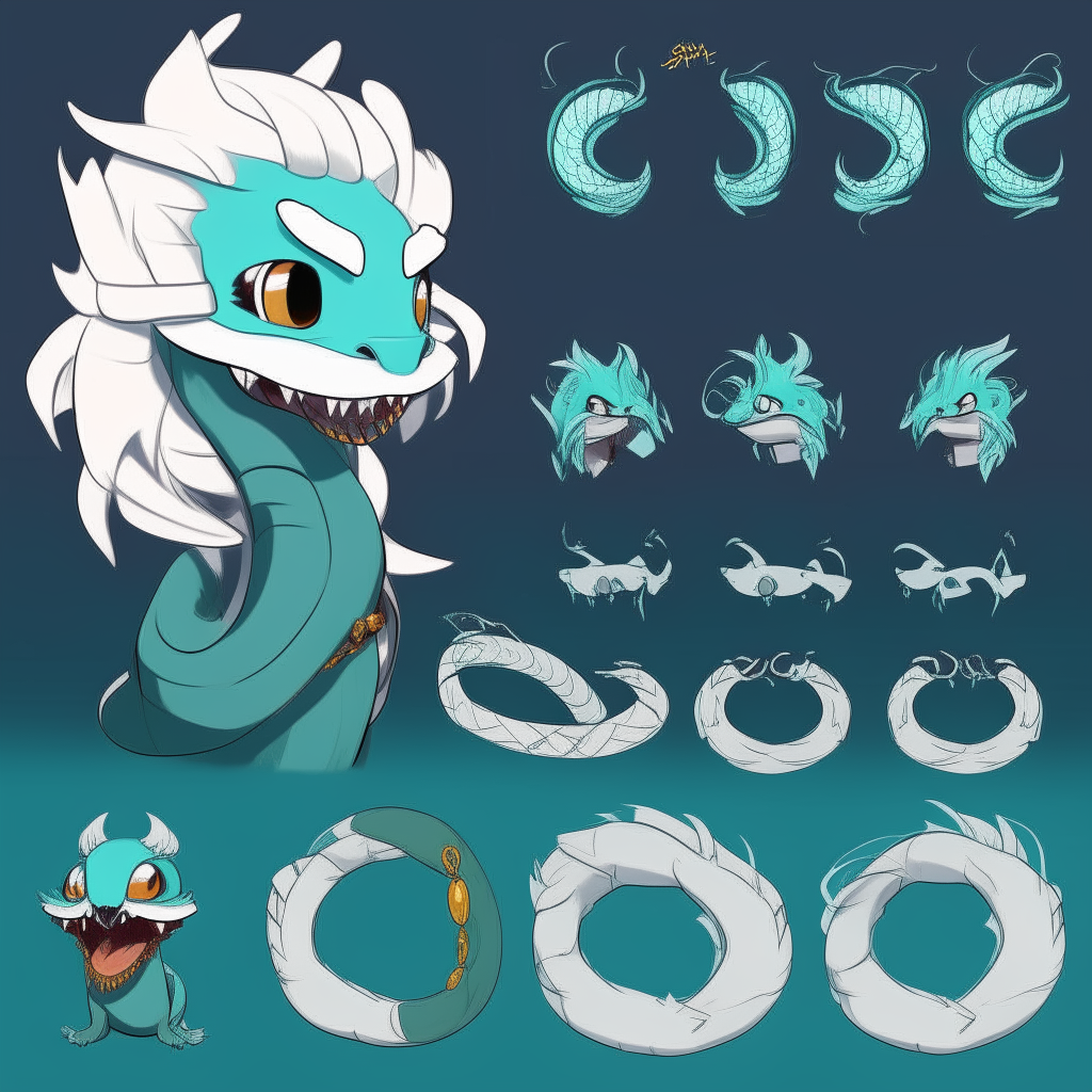 Character chart for a mascots game like "poppy playtime". 2d drawing cartoon. Dark cyan skin snake, with large spiky messy white hair like snake Neck and head hood.
