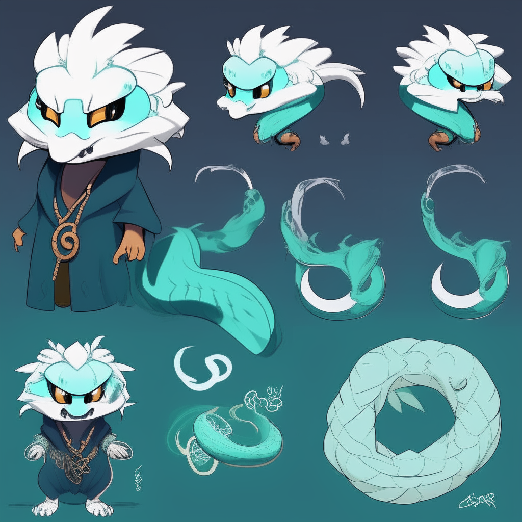 Character chart for a mascots game like "poppy playtime". 2d drawing cartoon. Dark cyan skin snake, with large spiky messy white hair like snake Neck and head hood.