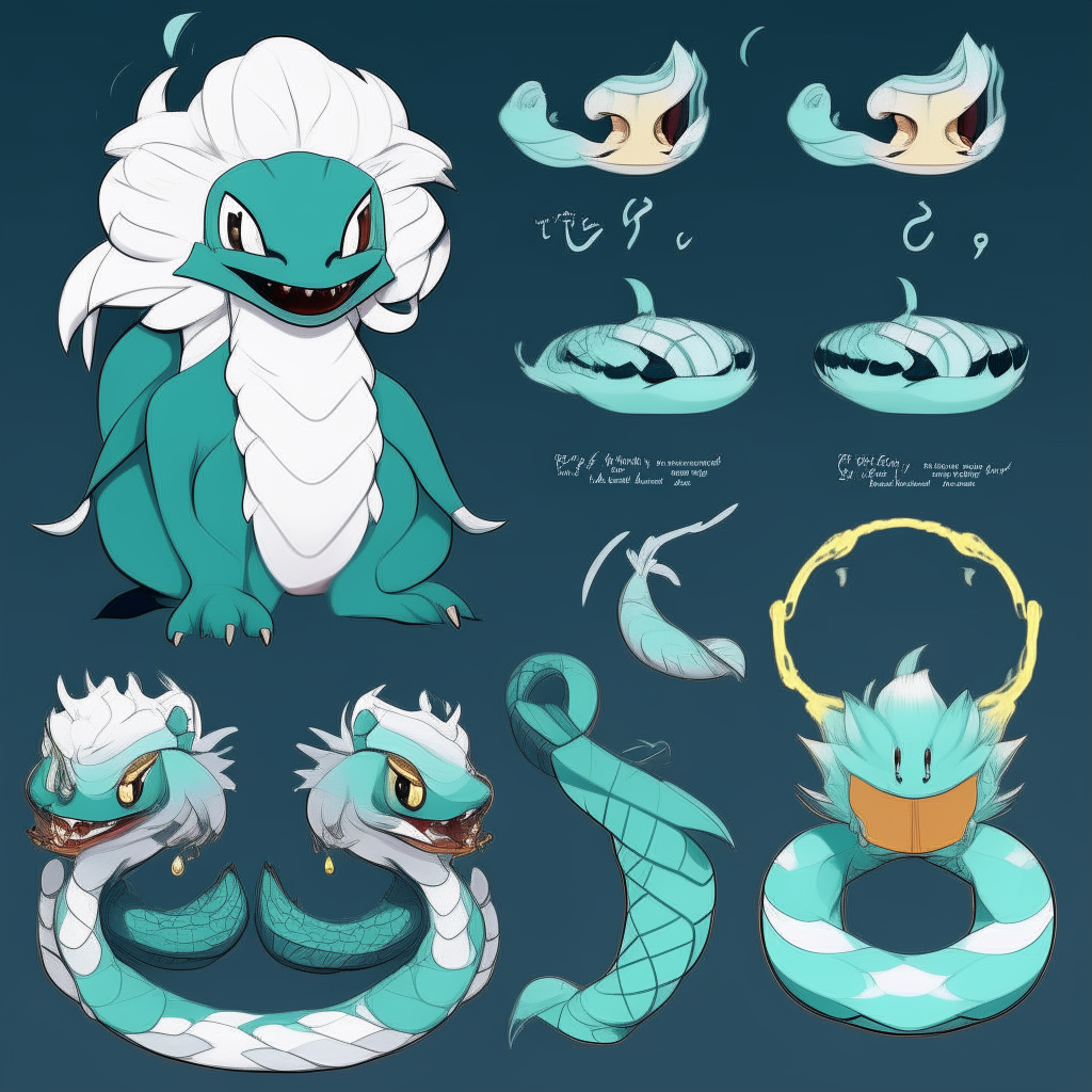 Character chart for a mascots game like "poppy playtime". 2d drawing cartoon. Dark cyan skin snake, with large spiky messy white hair like snake Neck and head hood.