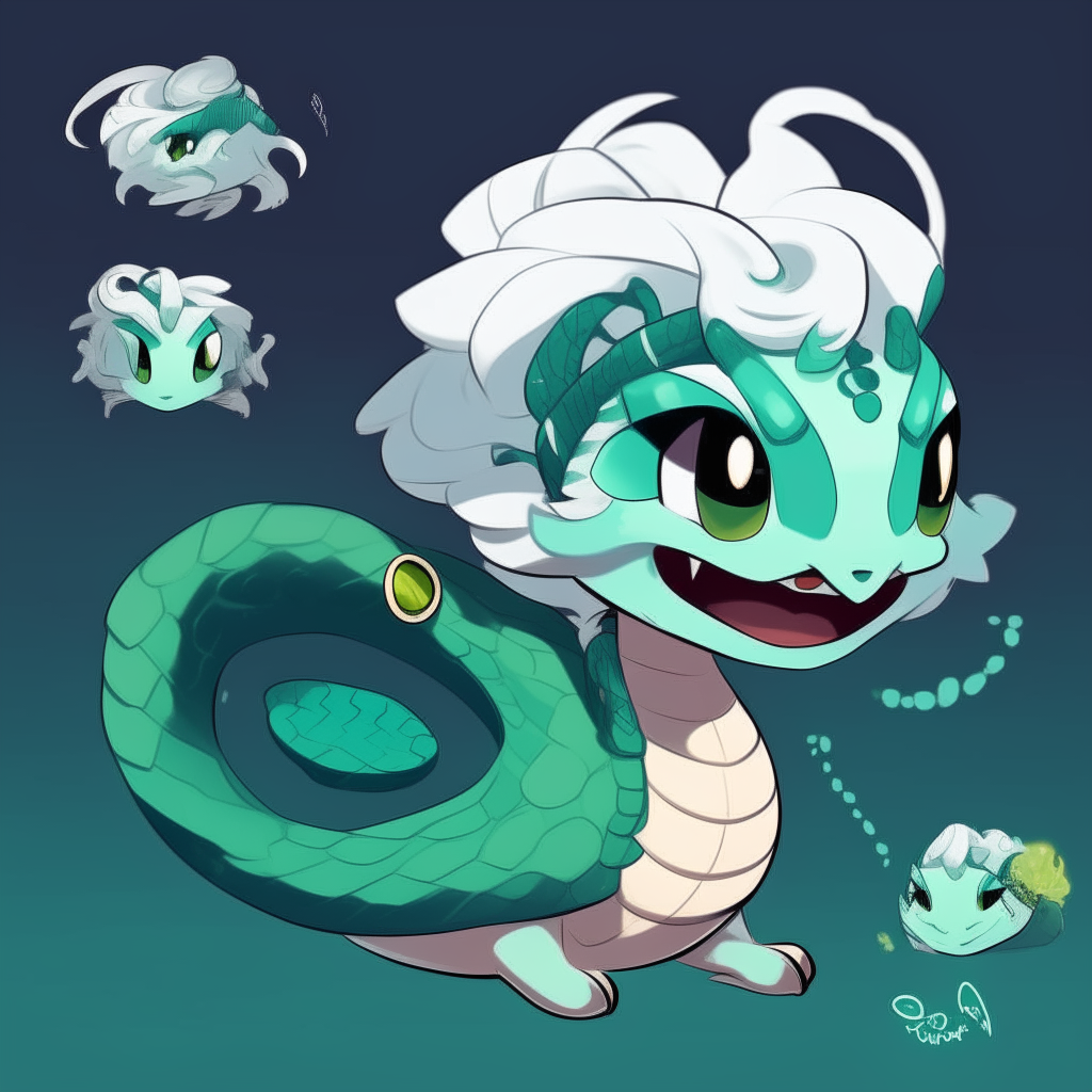 Character chart for a mascots game like "poppy playtime". 2d drawing cartoon. Dark cyan skin snake, with large spiky messy white hair like snake Neck and head hood.