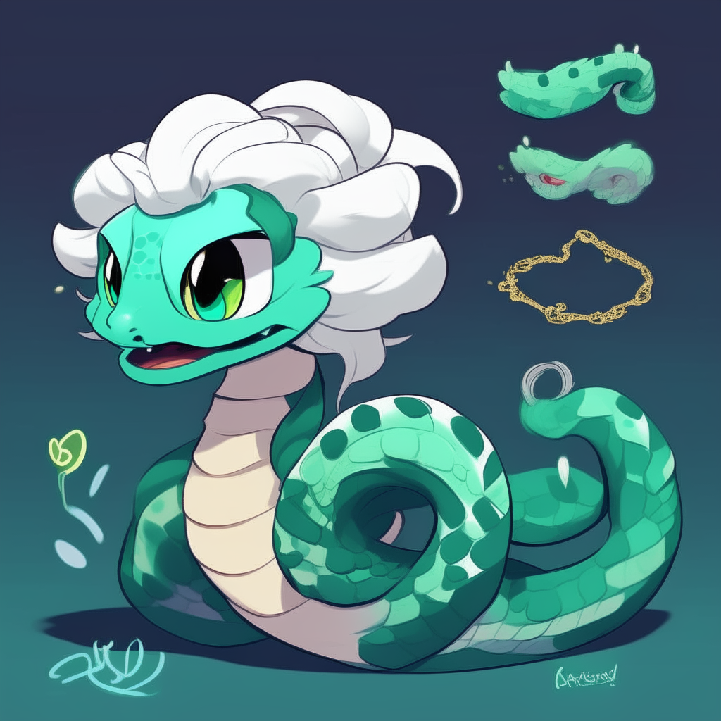 Character chart for a mascots game like "poppy playtime". 2d drawing cartoon. Dark cyan skin snake, with large spiky messy white hair like snake Neck and head hood.