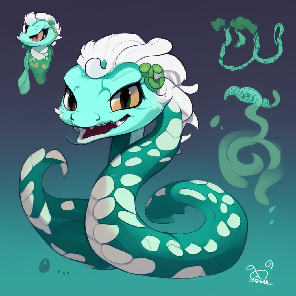 Character chart for a mascots game like "poppy playtime". 2d drawing cartoon. Dark cyan skin snake, with large spiky messy white hair like snake Neck and head hood.