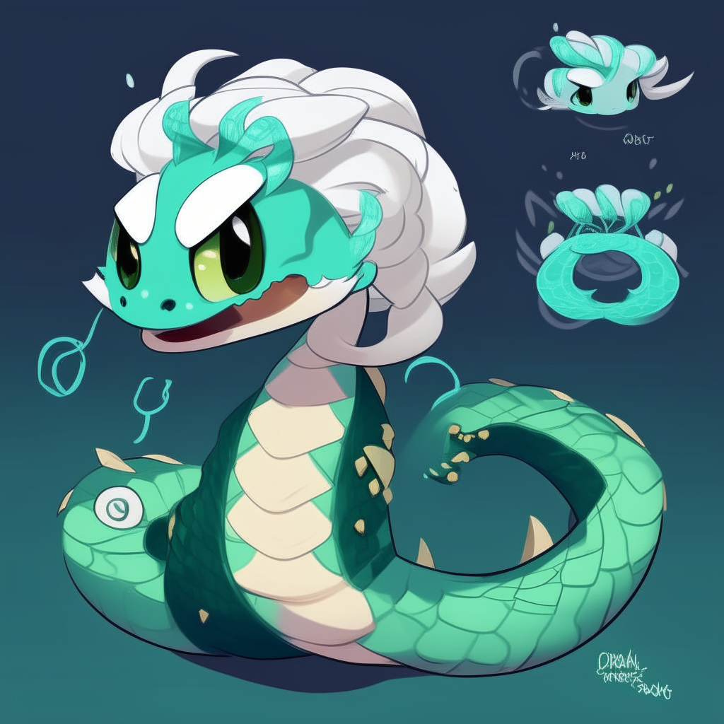 Character chart for a mascots game like "poppy playtime". 2d drawing cartoon. Dark cyan skin snake, with large spiky messy white hair like snake Neck and head hood.