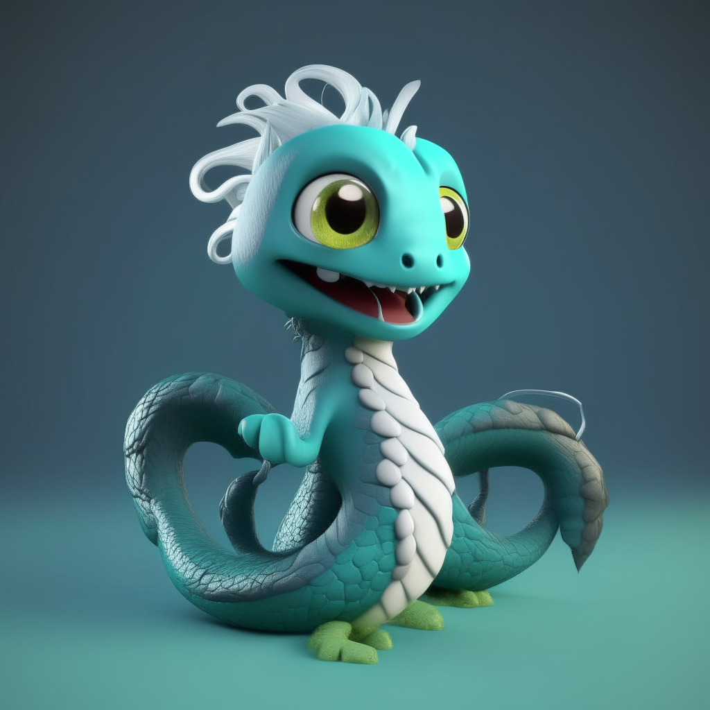 Character chart for a mascots game like "poppy playtime". 3d model cartoon. Dark cyan skin snake, with large spiky messy white hair like snake Neck and head hood.