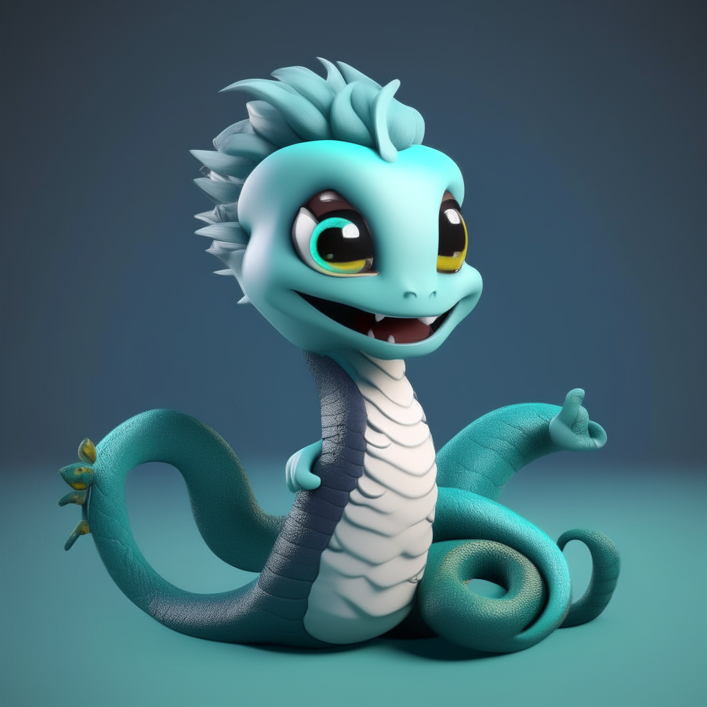 Character chart for a mascots game like "poppy playtime". 3d model cartoon. Dark cyan skin snake, with large spiky messy white hair like snake Neck and head hood.