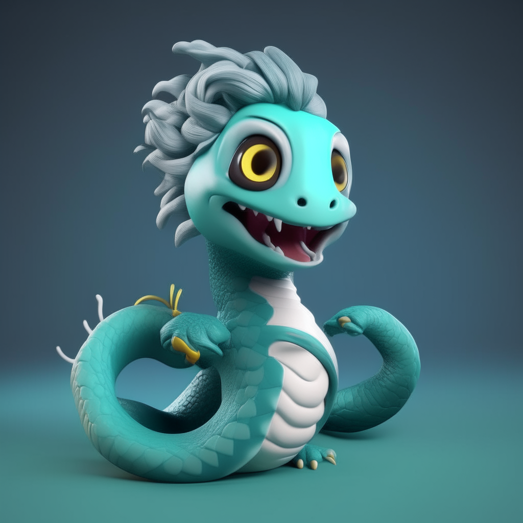 Character chart for a mascots game like "poppy playtime". 3d model cartoon. Dark cyan skin snake, with large spiky messy white hair like snake Neck and head hood.