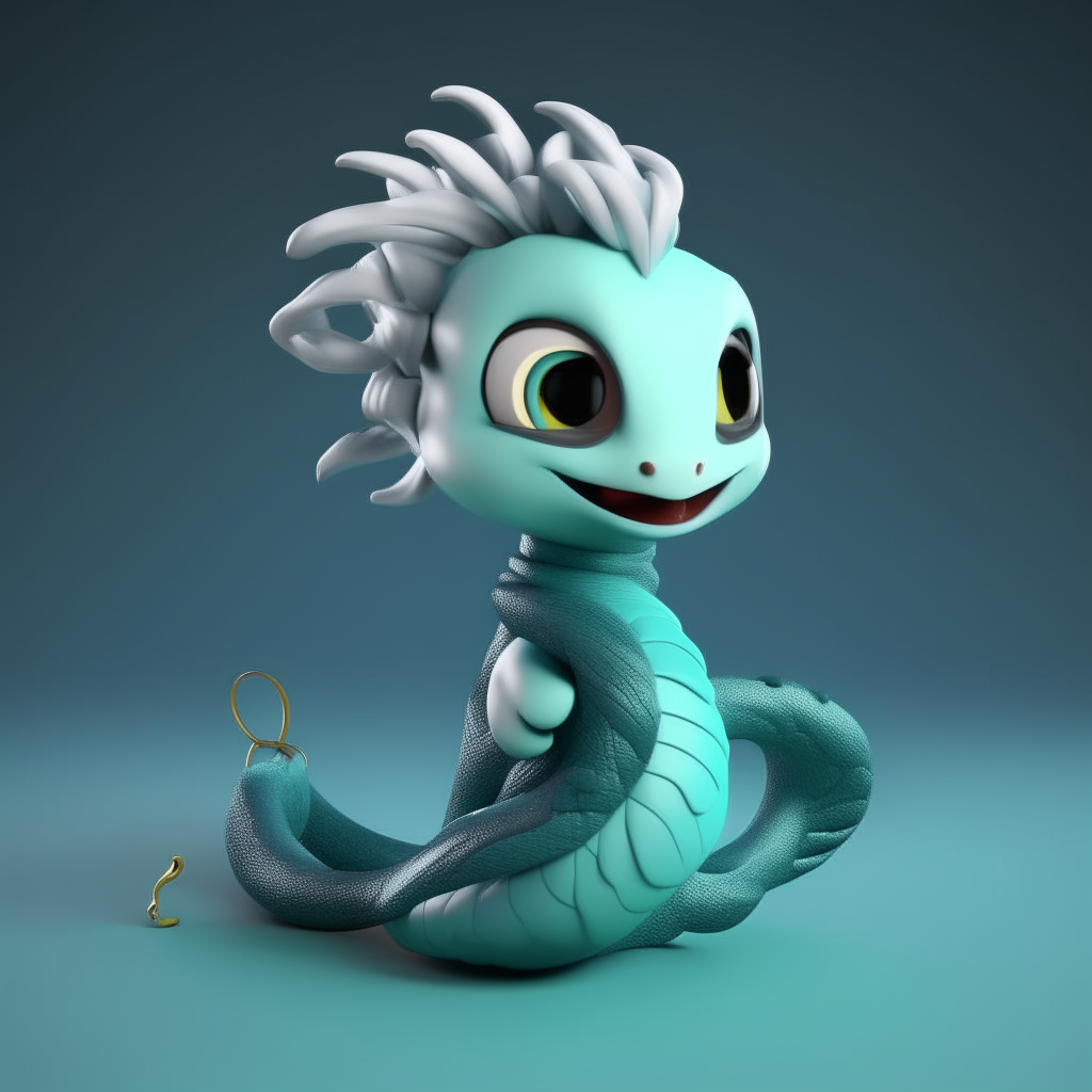 Character chart for a mascots game like "poppy playtime". 3d model cartoon. Dark cyan skin snake, with large spiky messy white hair like snake Neck and head hood.
