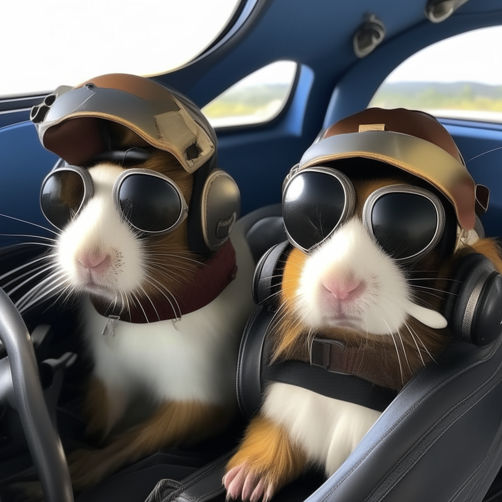 two guinea pigs sitting in the cockpit of a small single engine airplane wearing aviator hats and goggles